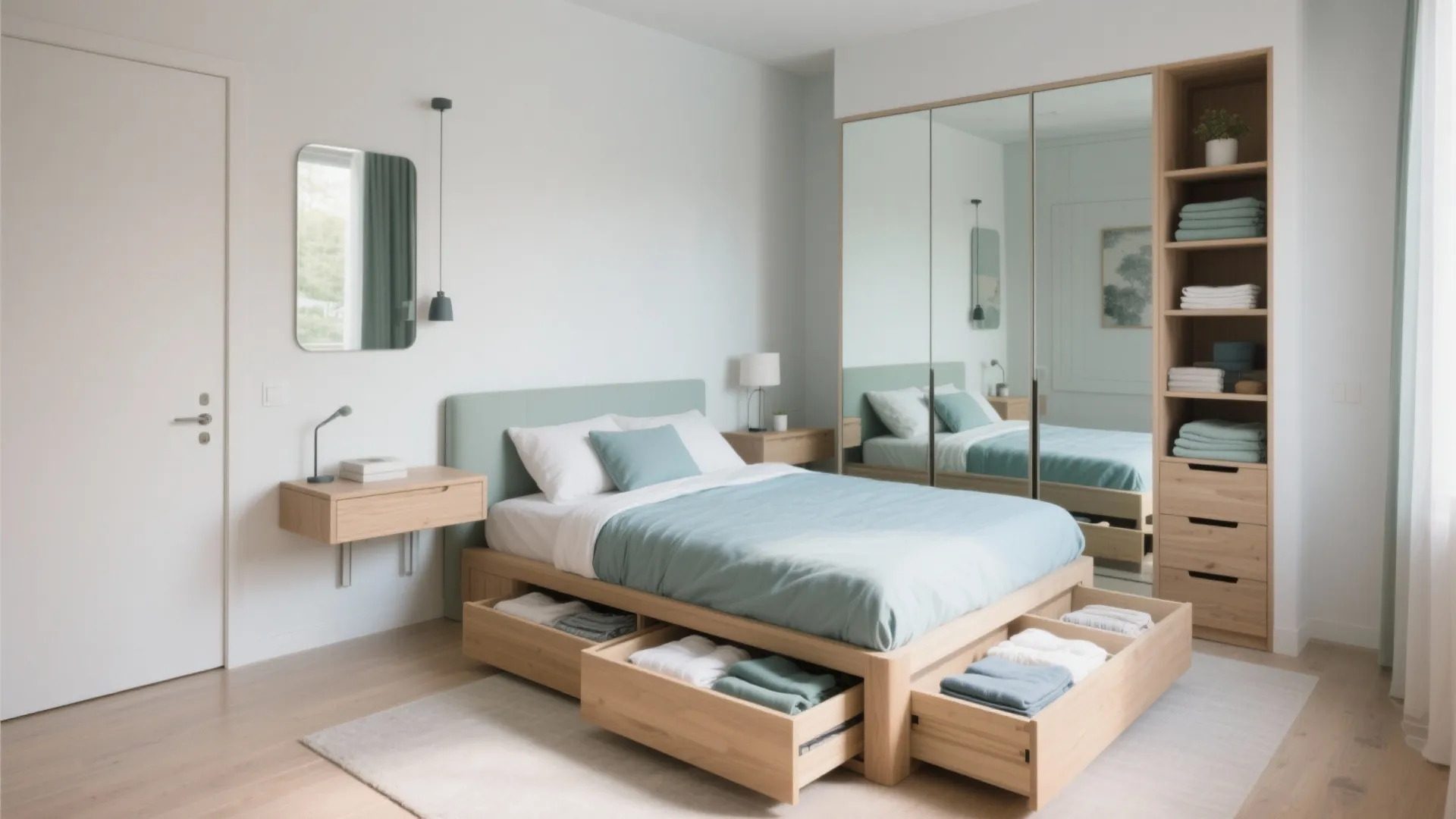 Modern bedroom with green bed, wooden storage drawers, mirrored closet, floating side tables, and white walls