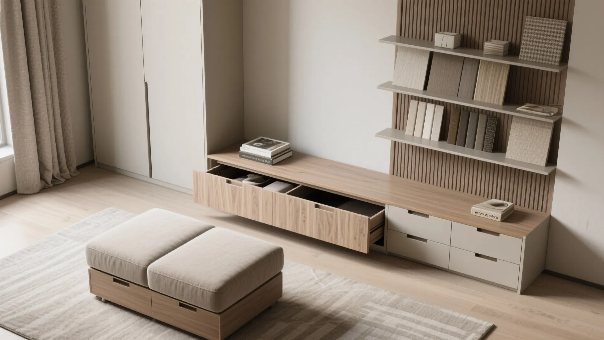 Modern storage cabinet with open drawers, wall shelves, footrest, light rug, and neutral wall panel