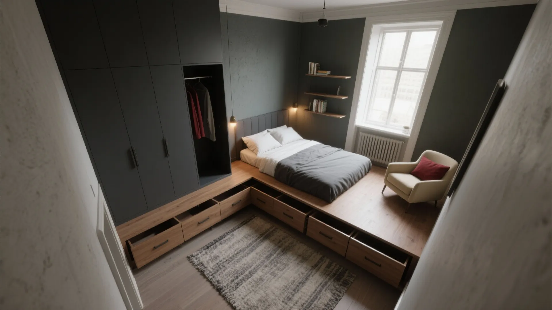 Minimalist bedroom with grey walls featuring platform bed with built in wooden drawers and wardrobe