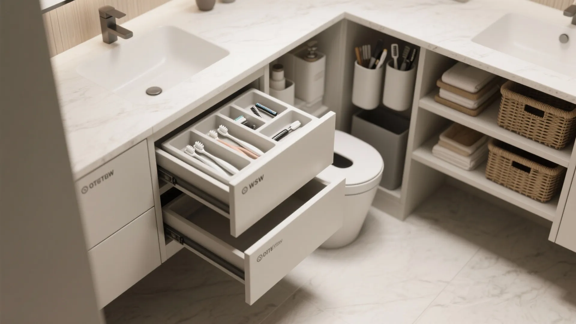 Bathroom cabinet with open drawers showing toothbrush organizer trays storage baskets and white marble counter top