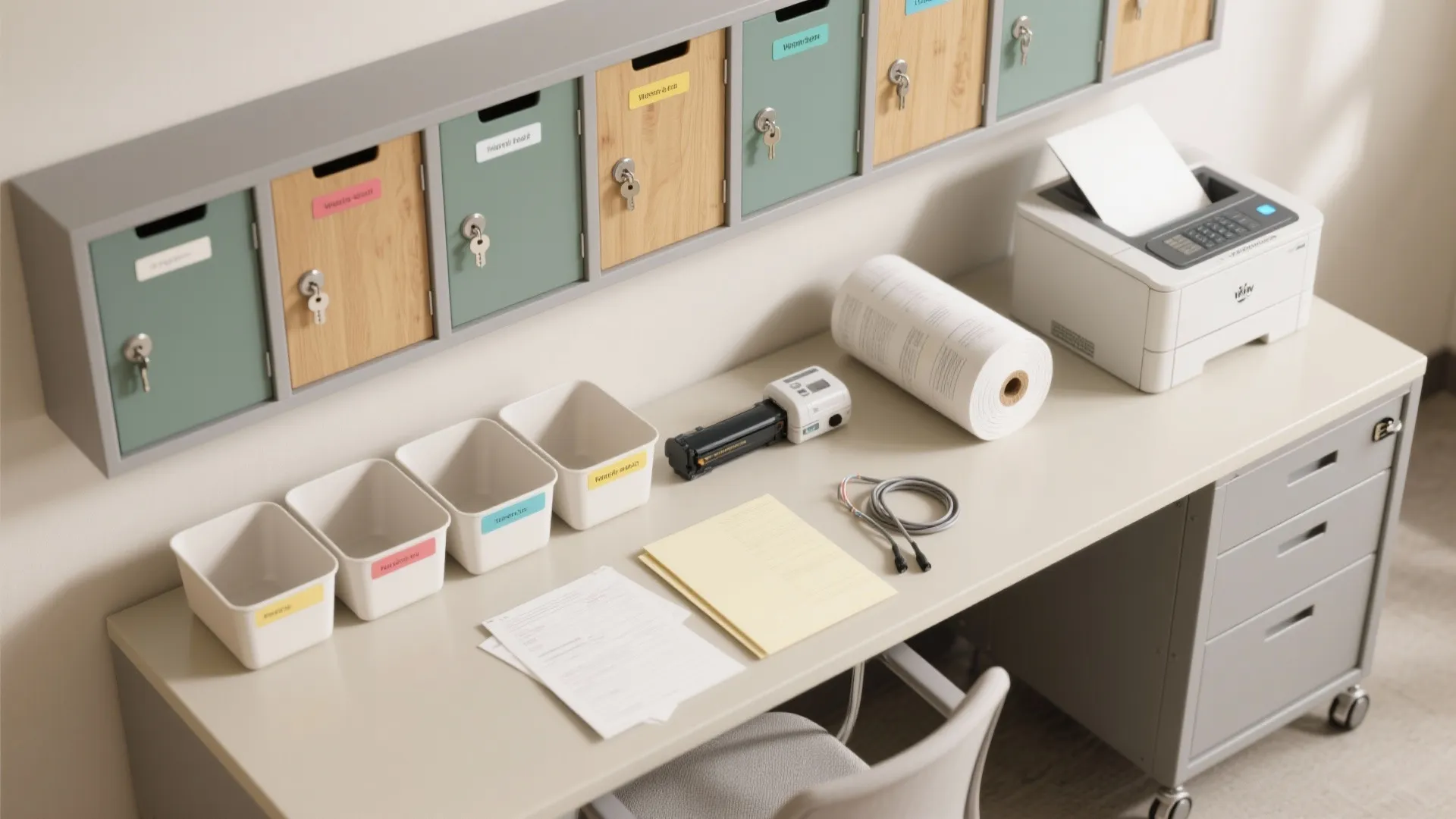 Office storage area with wall cabinets small white bins a printer and papers on desk