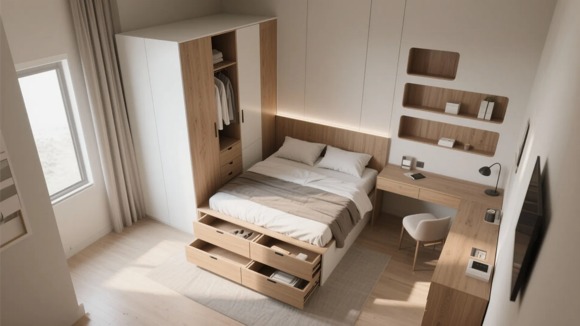 Modern small bedroom with wood storage bed integrated desk white wardrobe and wall mounted wooden shelves