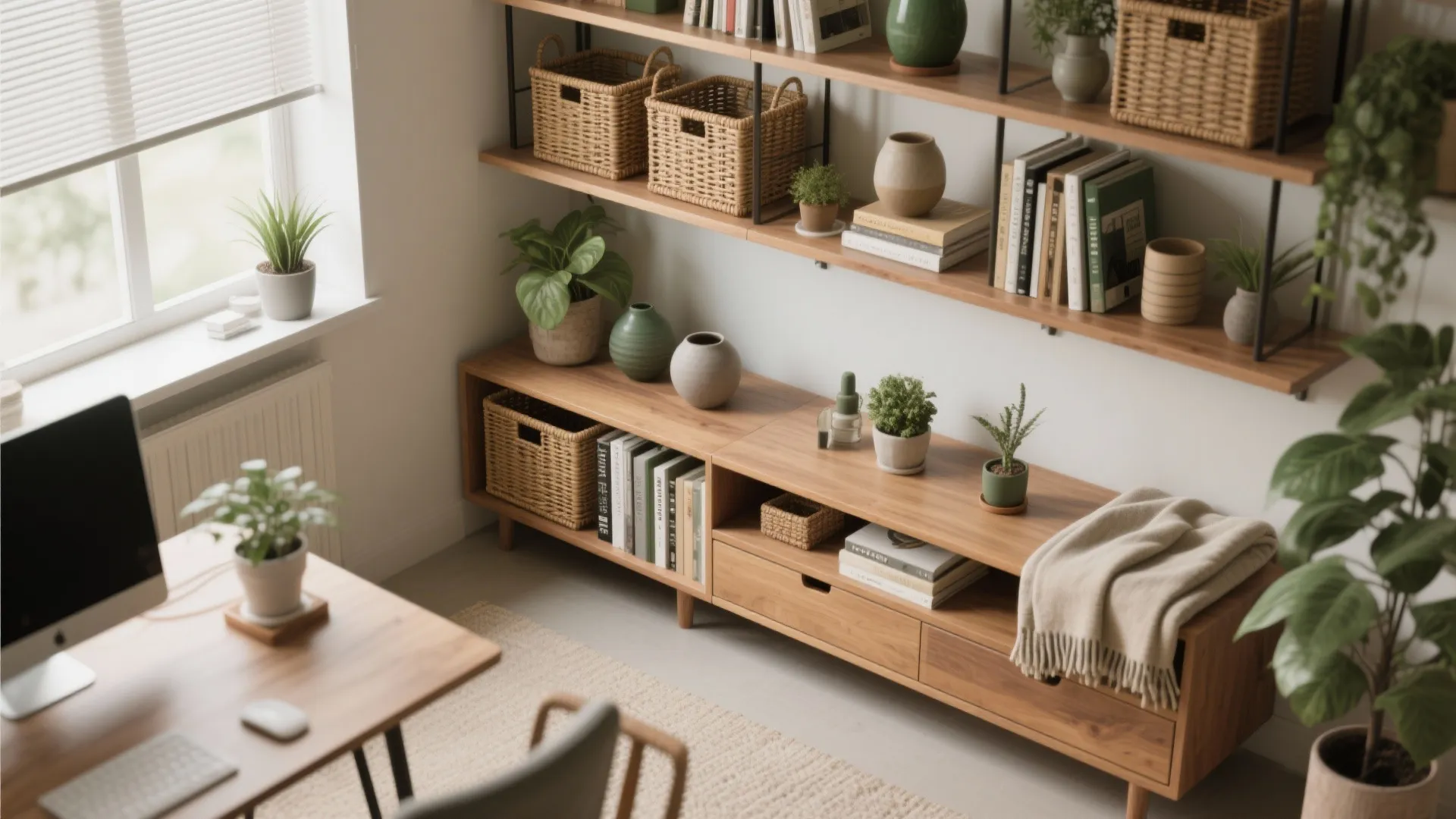 Wooden wall shelves with storage baskets, green plants, books, and cabinet in a home office