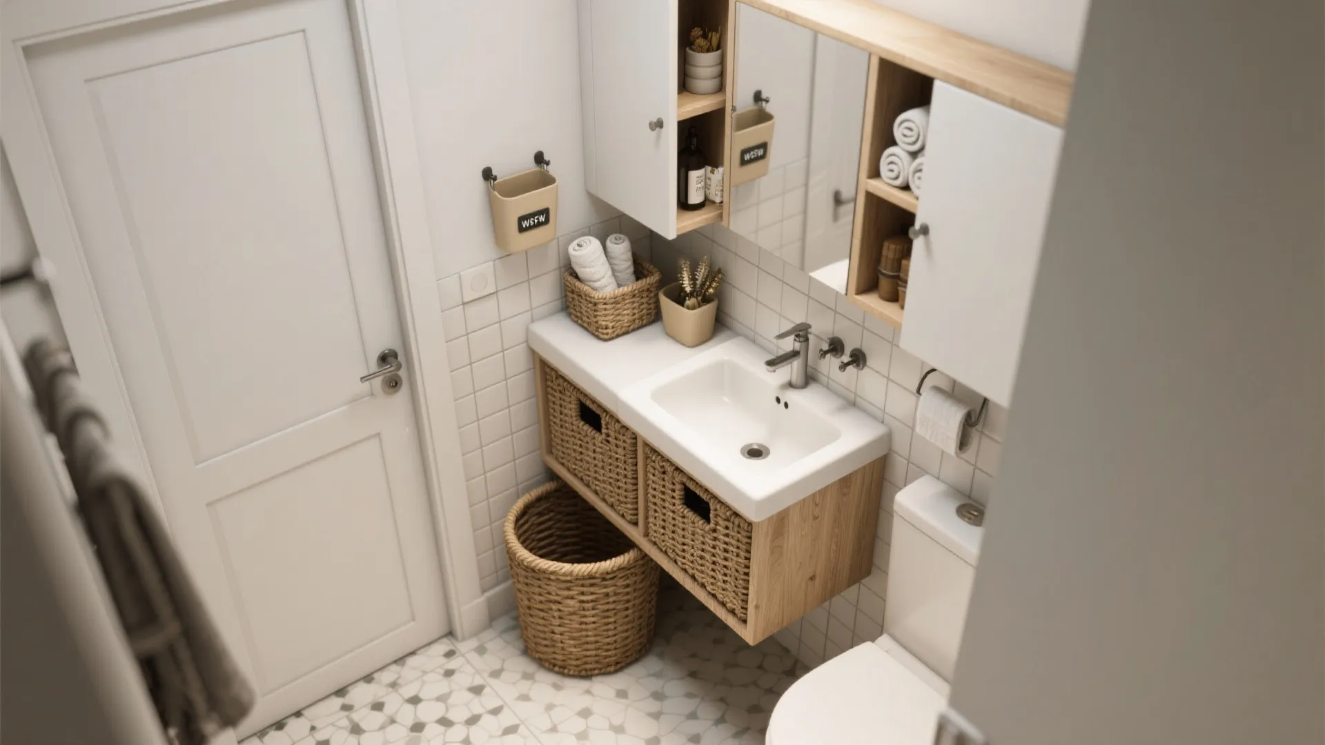Small white bathroom layout with wooden cabinet woven storage baskets mirror and a white toilet