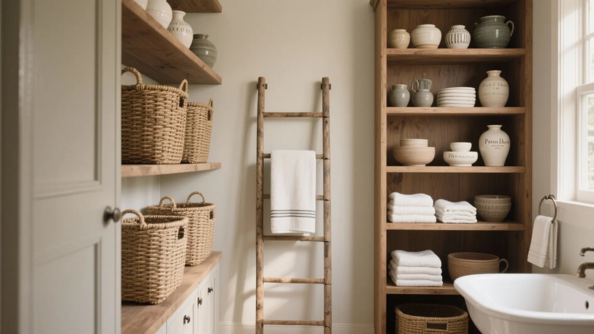 Laundry room layout with wooden shelves containing woven baskets and white towels next to ladder