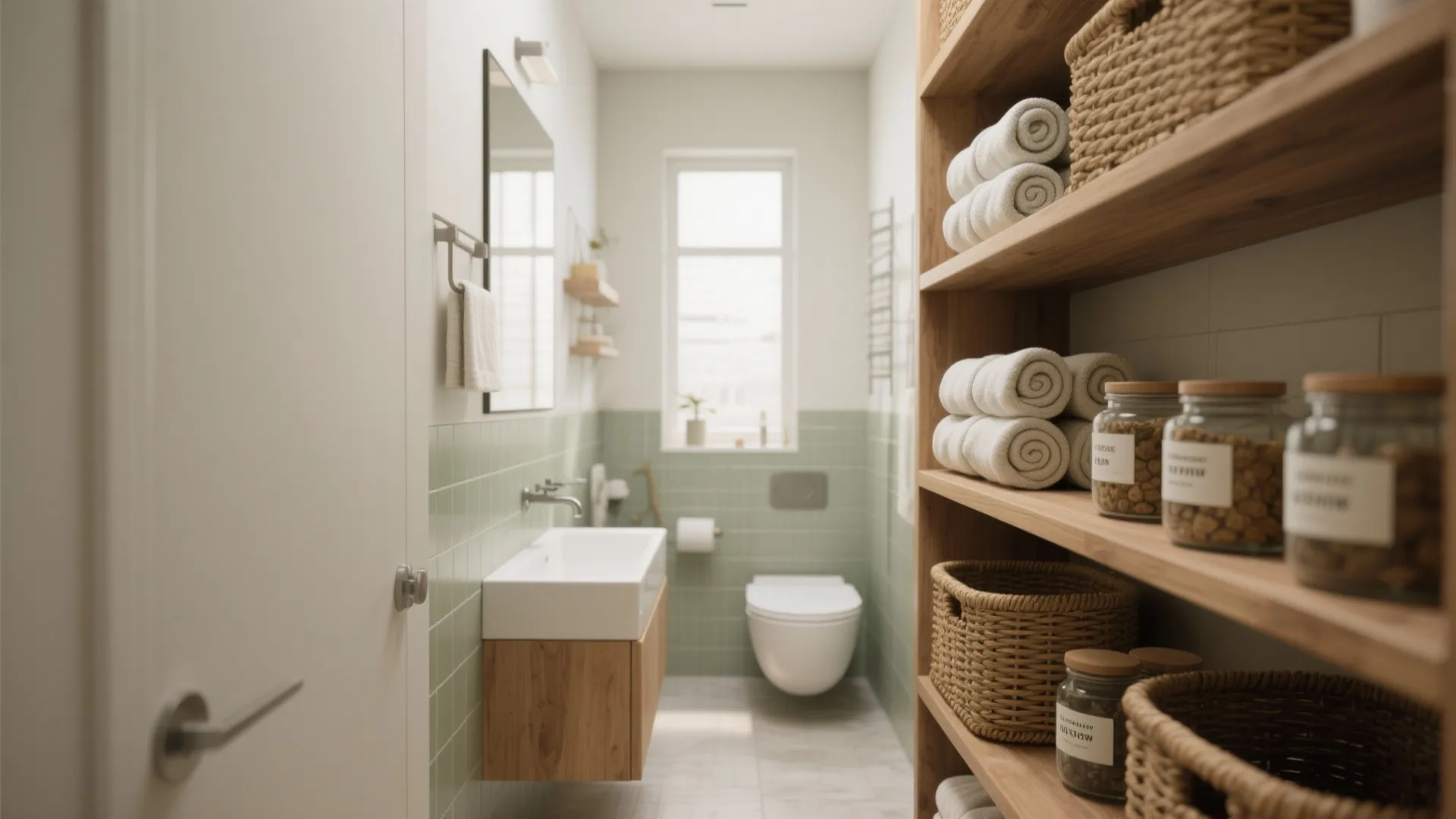 Organized bathroom storage with wooden shelves holding towels and baskets next to a modern white sink