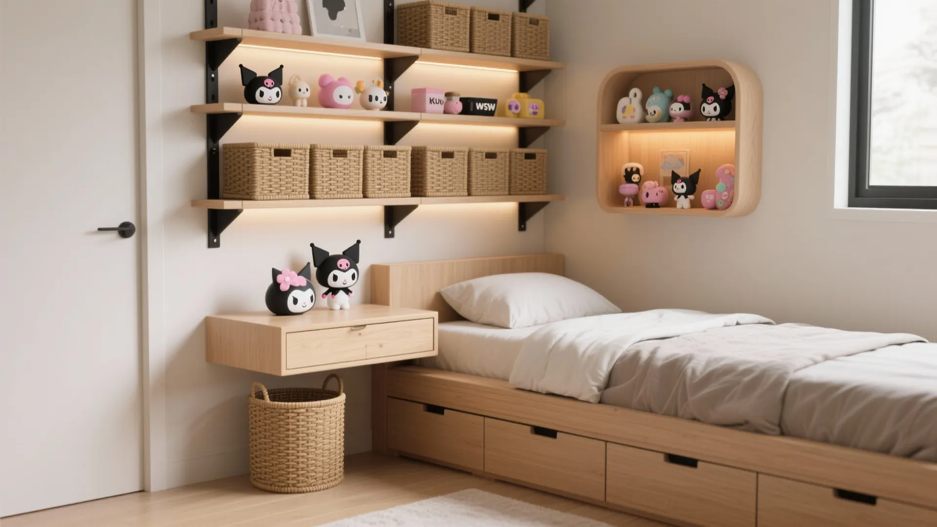Kid bedroom with wooden bed featuring storage drawers shelves with woven baskets and cute plush toys