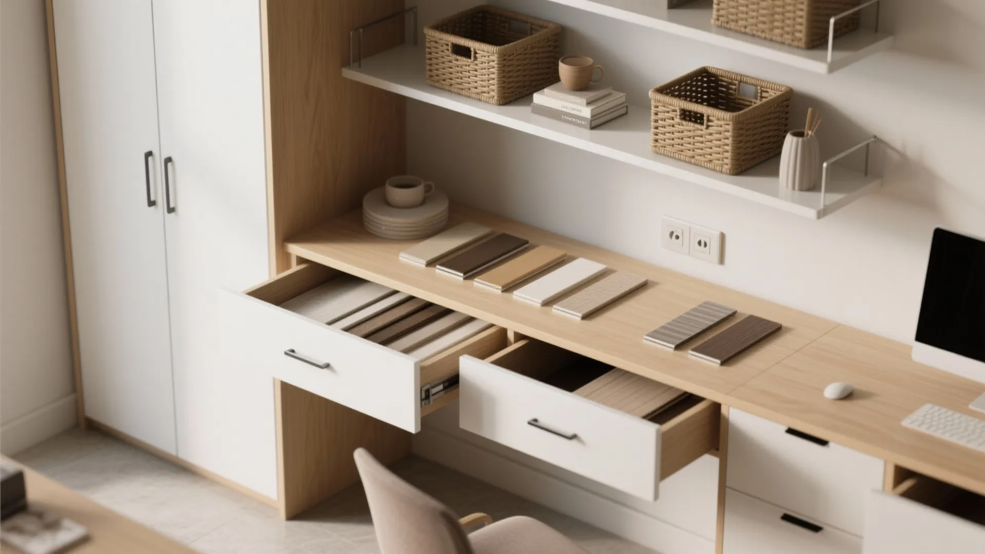 Wooden desk with open drawers showing material samples white cabinet and shelves with storage baskets