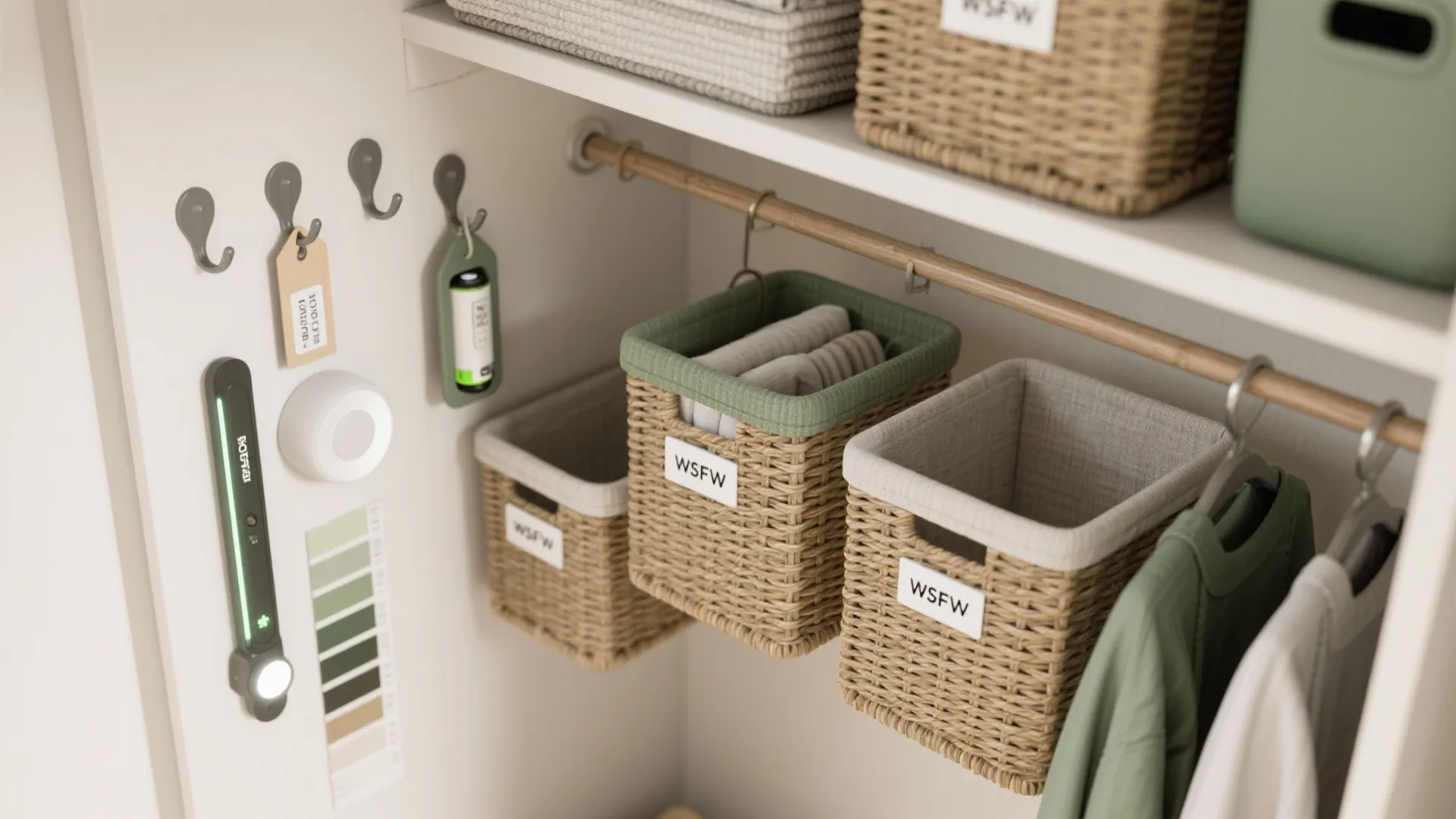Organized closet with woven storage baskets on shelves and a hanging rod for daily clothes