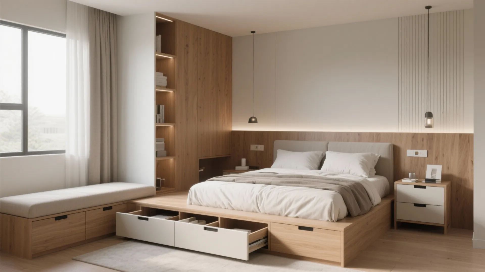 Bedroom with wooden storage bed and open drawers and window bench and light wood cabinet