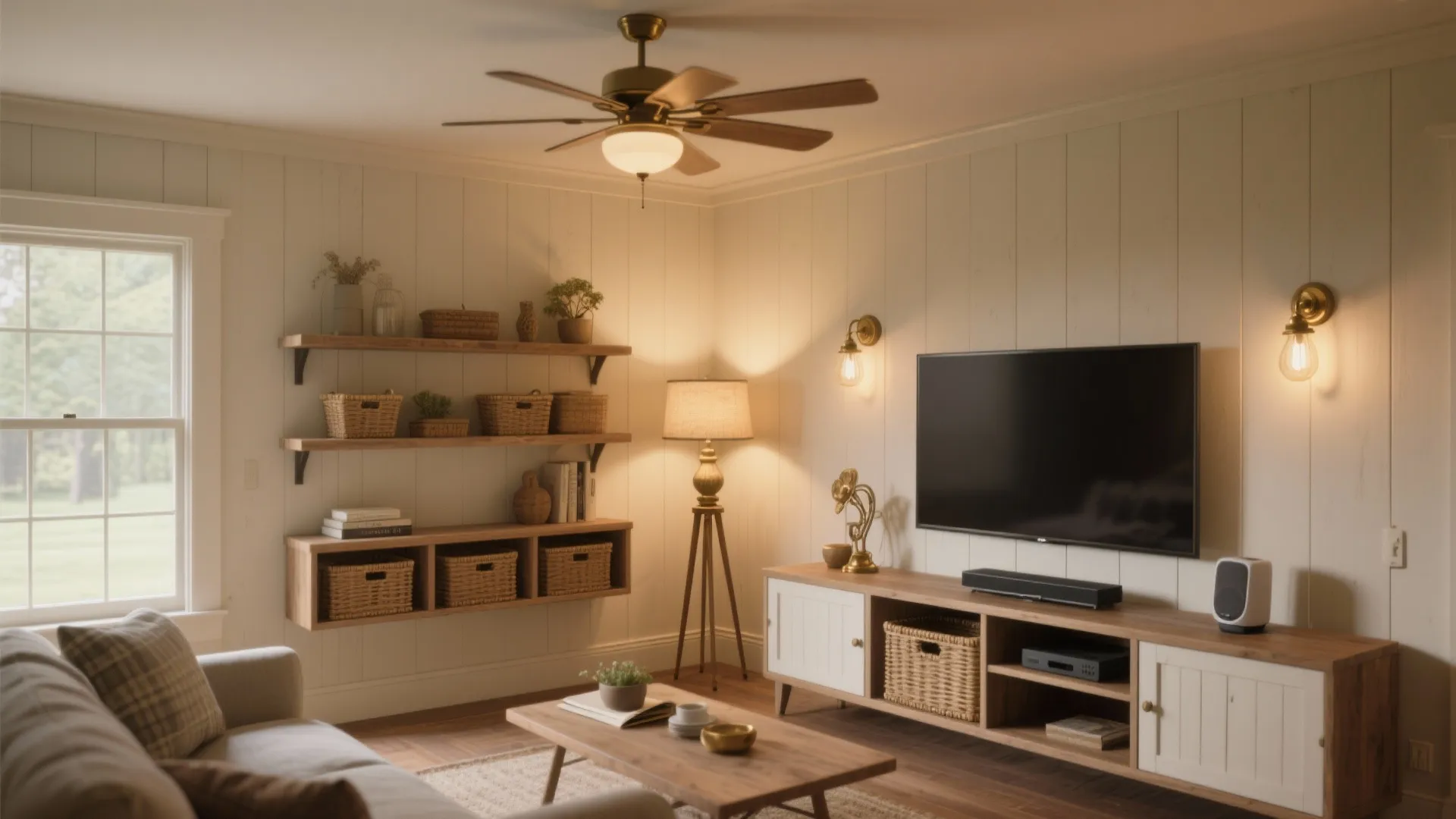 Living room with tv stand wall panel shelving ceiling fan wall light and floor lamp