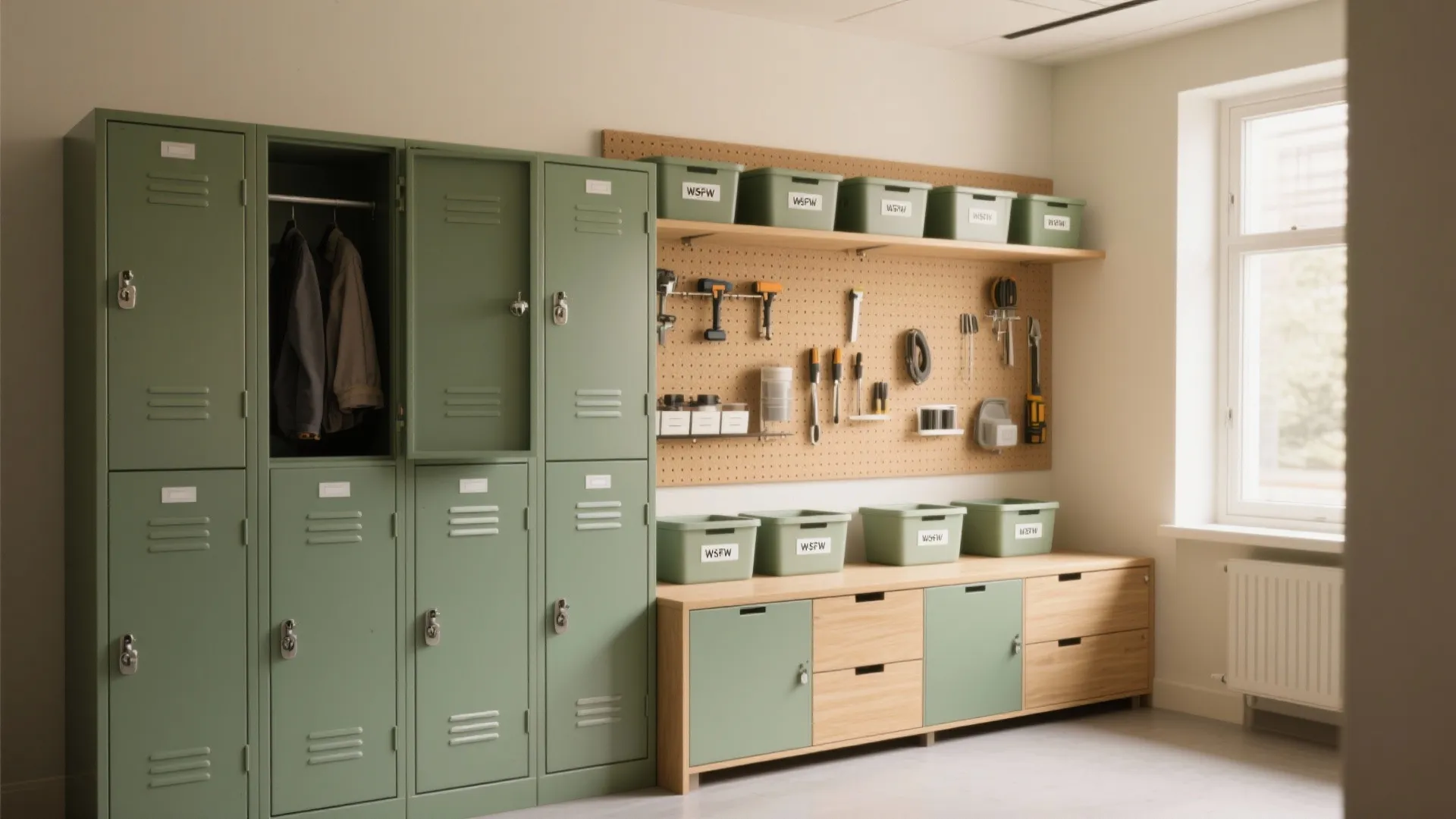 Green metal storage lockers standing next to a pegboard wall with tools and plastic bins