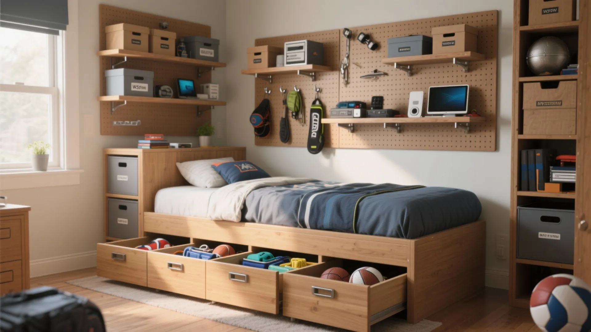 Organized teen bedroom with under-bed drawers, pegboard, floating shelves and labeled storage zones.