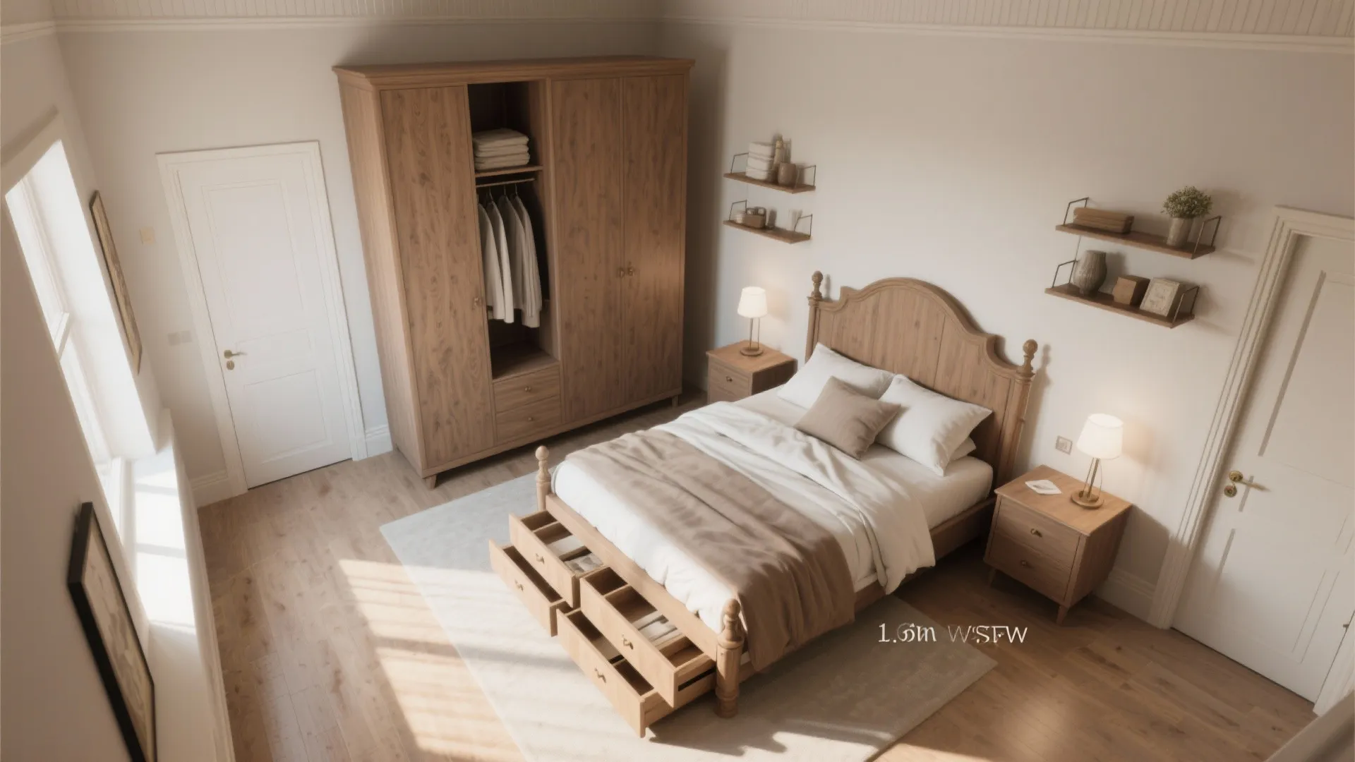 Classic wooden bedroom featuring a large wardrobe bed with storage drawers and two bedside tables