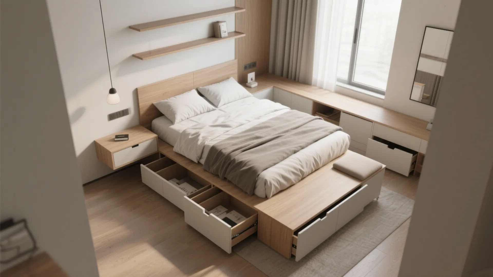 Top-down view of a small bedroom layout highlighting under-bed drawers, a storage bench, and floating shelves.