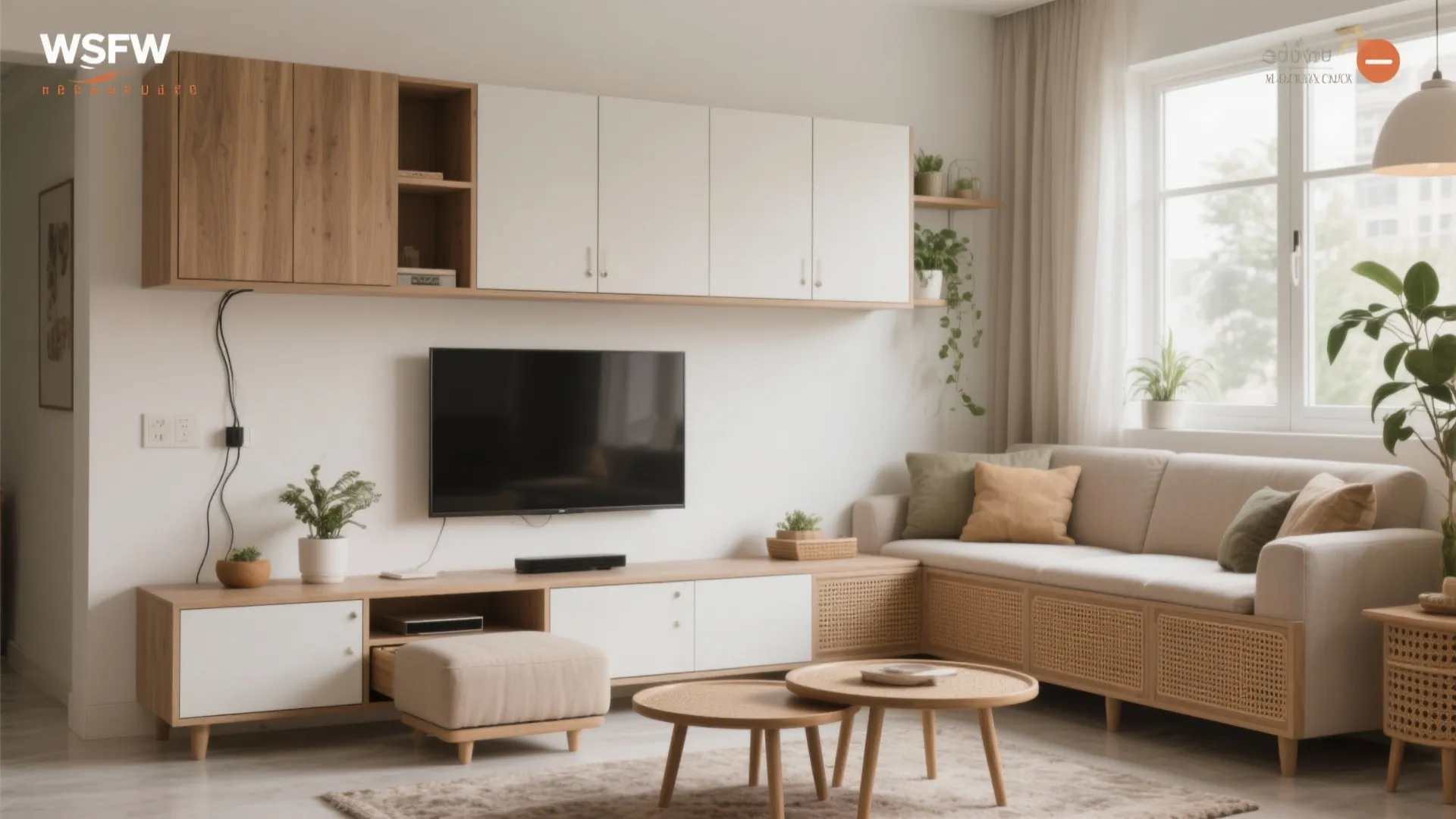Living area showing wall cabinets floor cabinet television storage sofa and round wooden coffee tables
