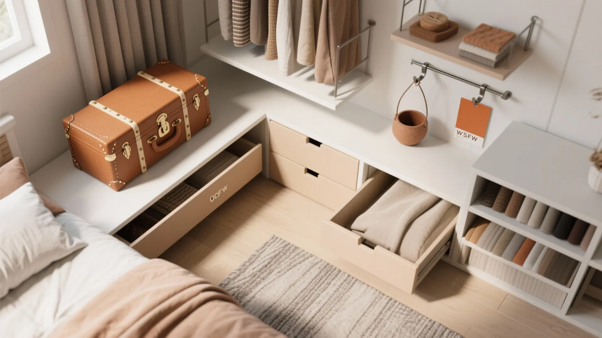 Organized bedroom storage area with open drawers brown suitcase hanging clothes white shelves and rug