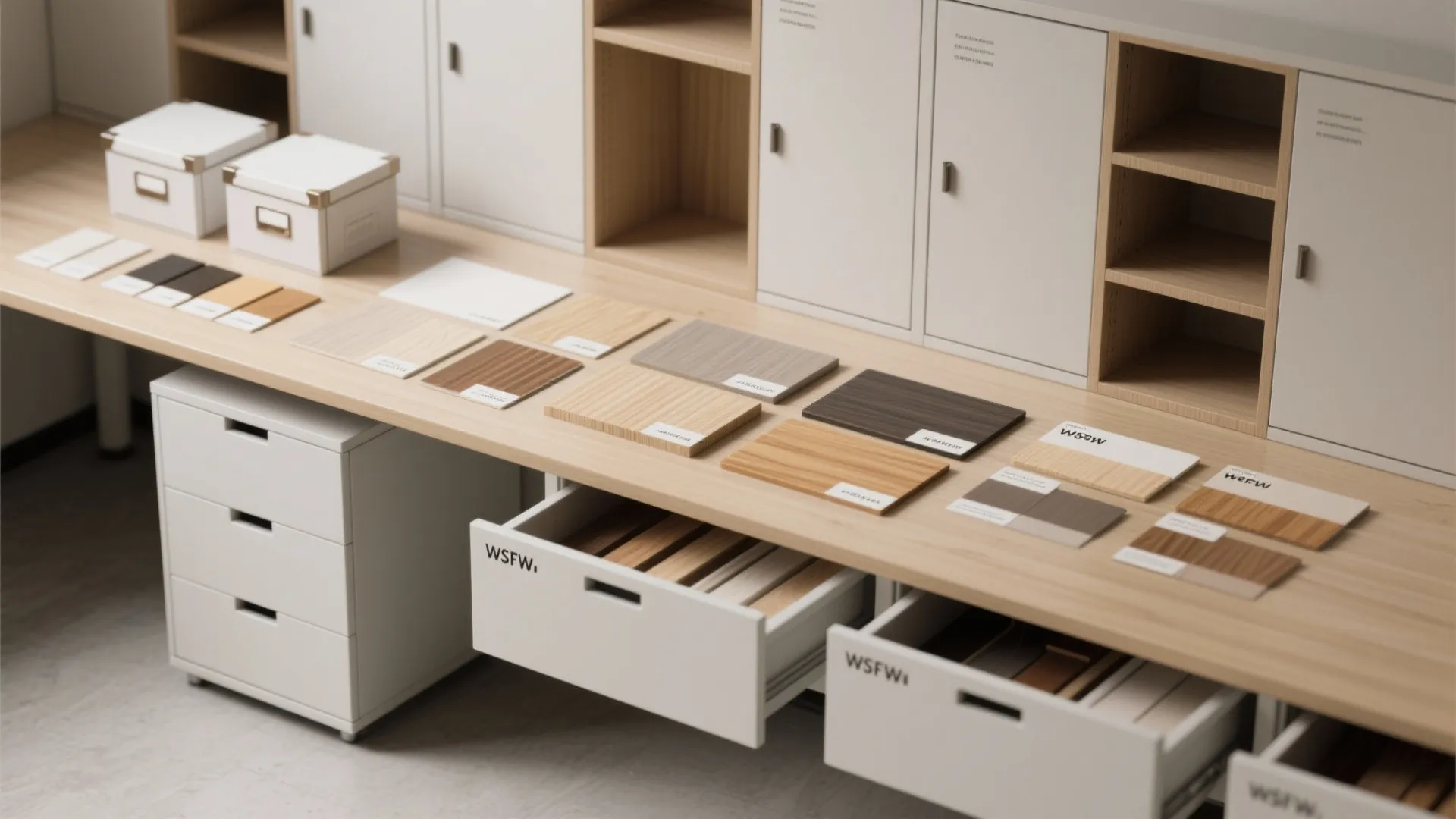 Office storage area showing material samples on wooden desk with white cabinet drawers and storage boxes