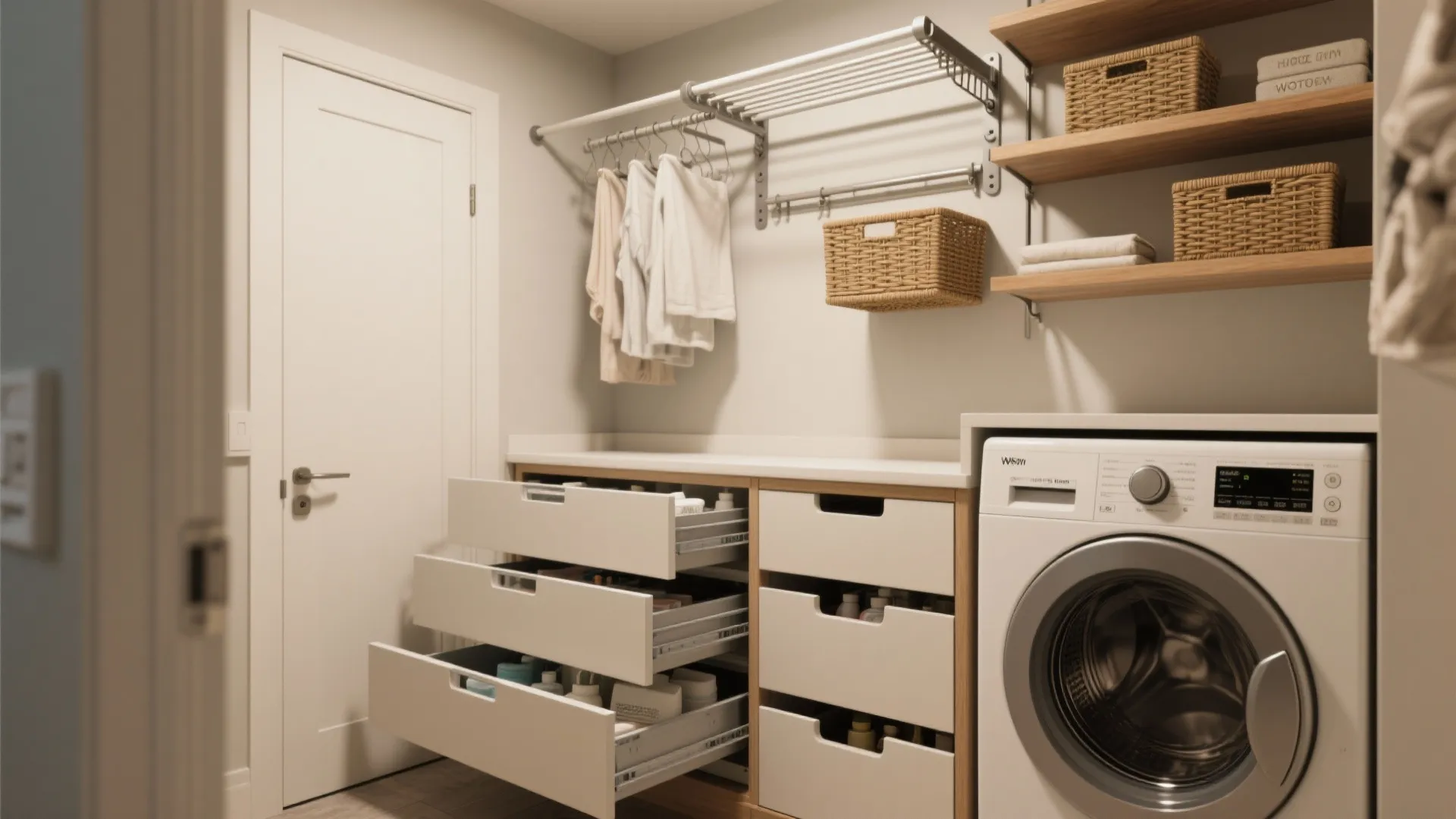 Laundry area with washing machine next to open white drawers and wooden shelves with storage baskets