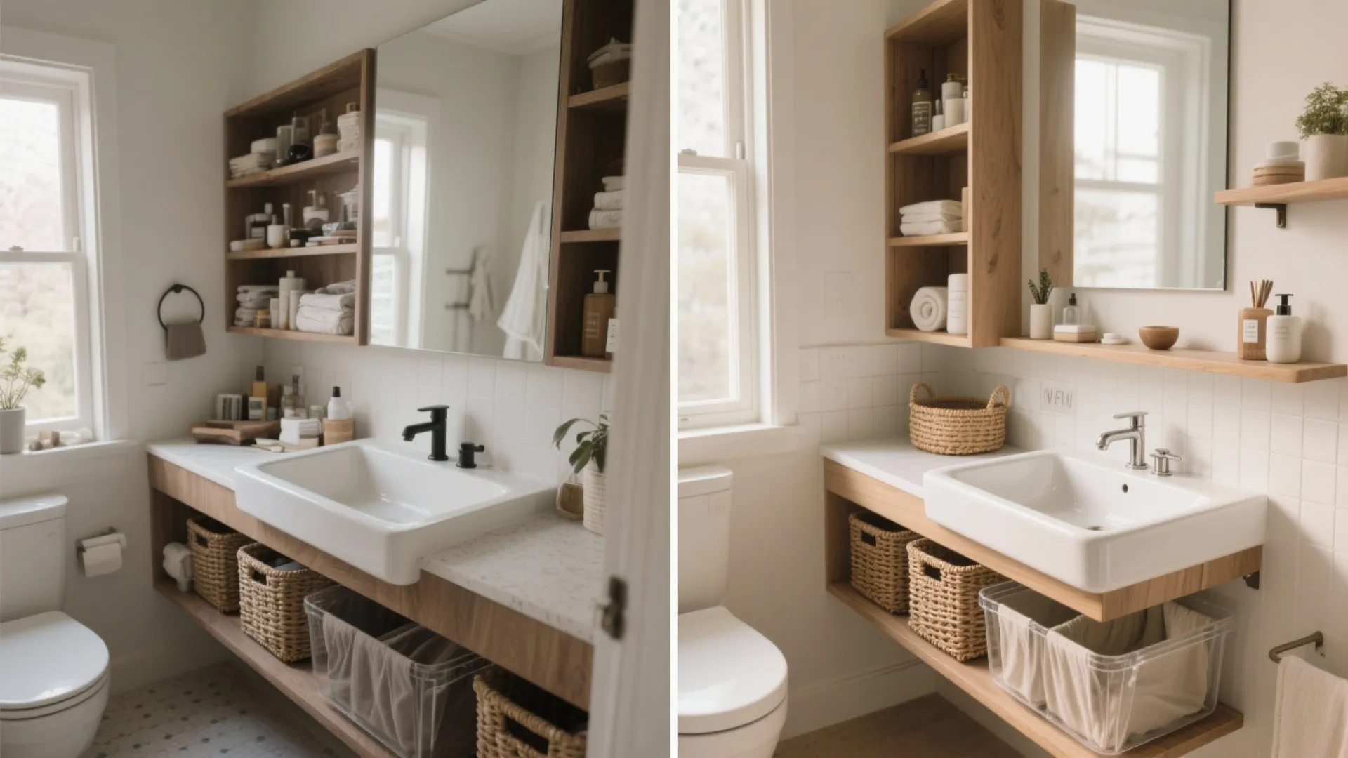 Side by side bathroom vanity comparison with white sink wooden shelves and woven storage baskets