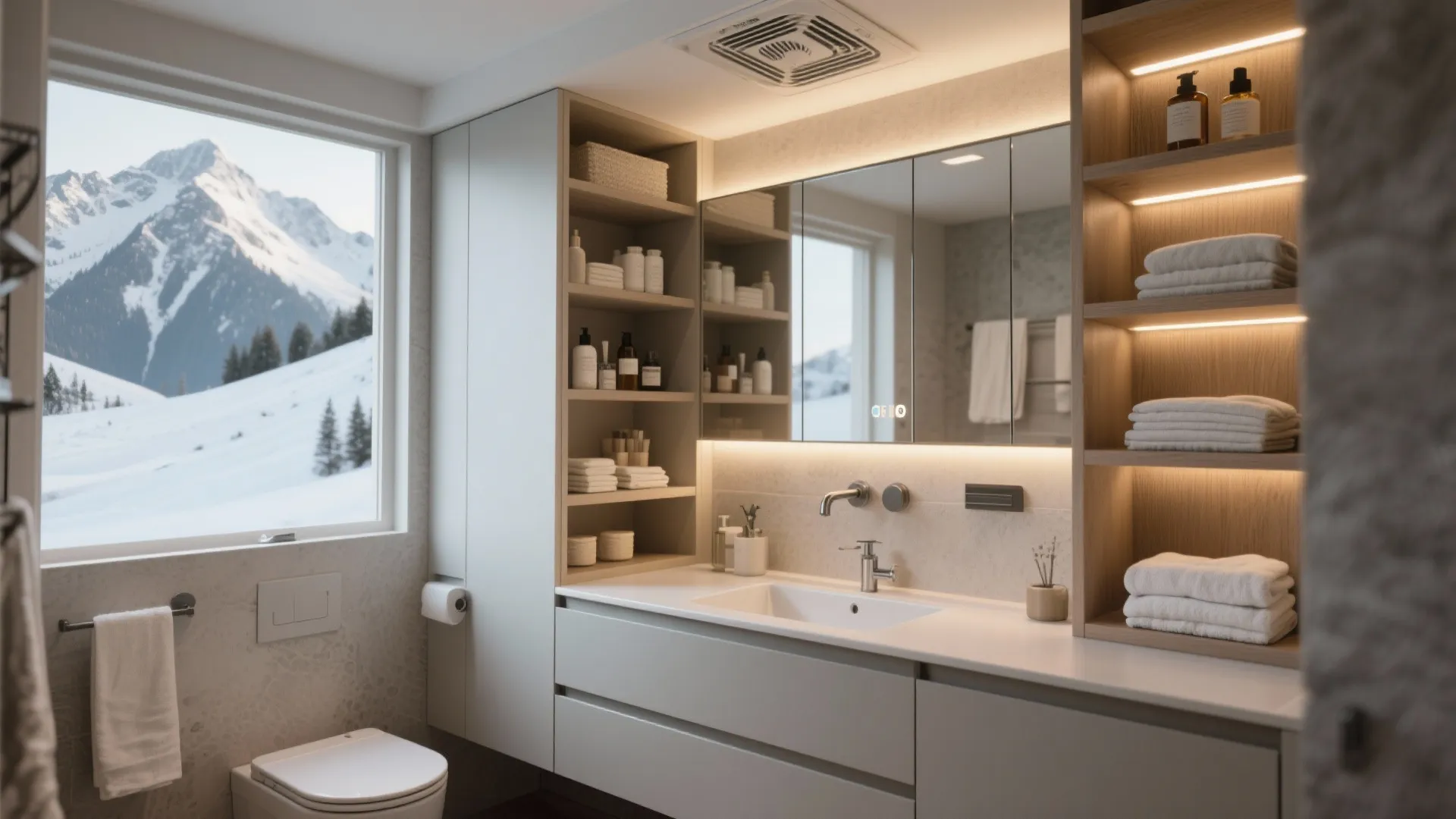 Modern bathroom with white cabinets, light wood shelves, large mirror, and snowy mountain window view