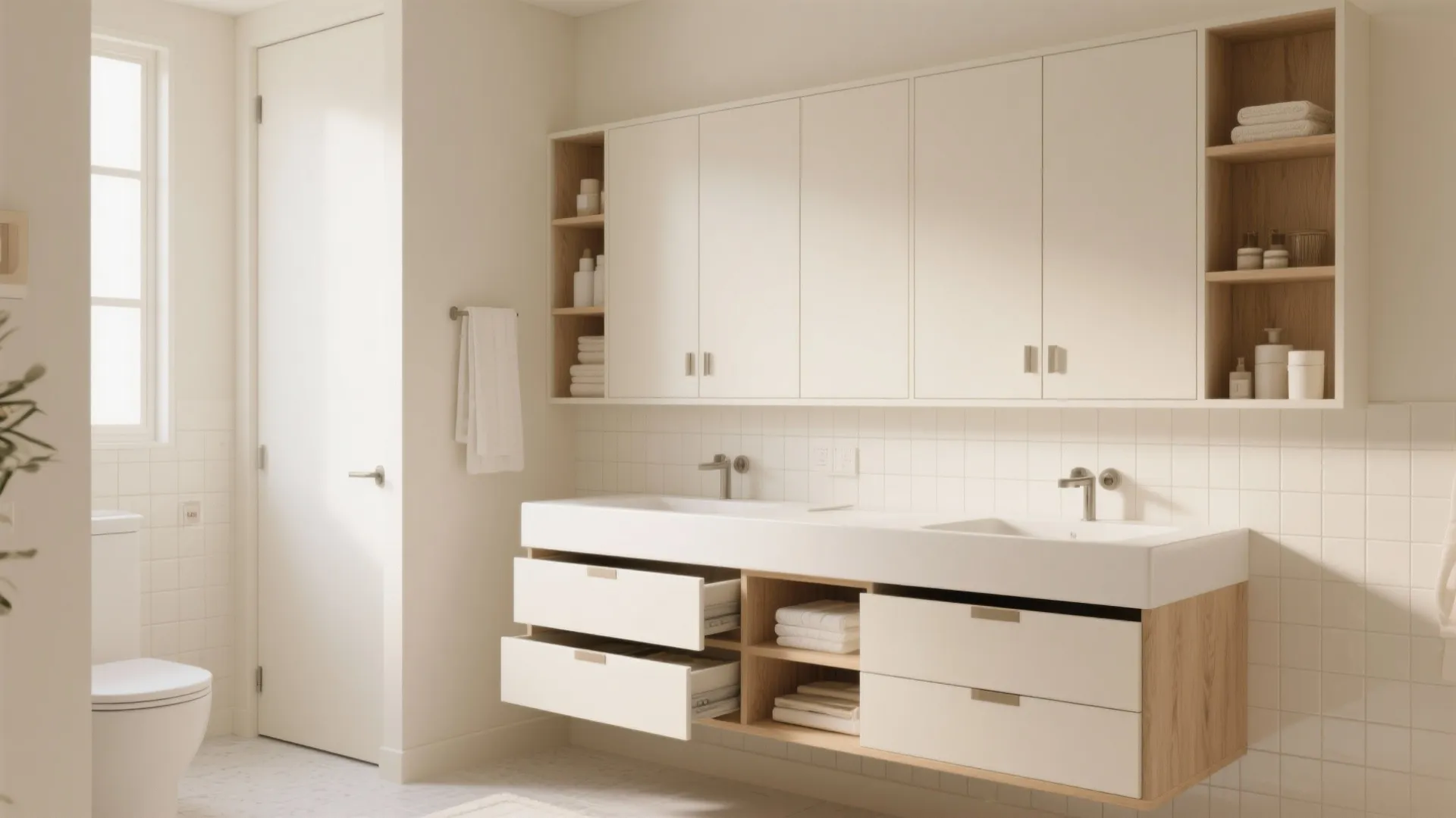 Modern bathroom vanity with double sinks open drawers and large white wall cabinets for storage