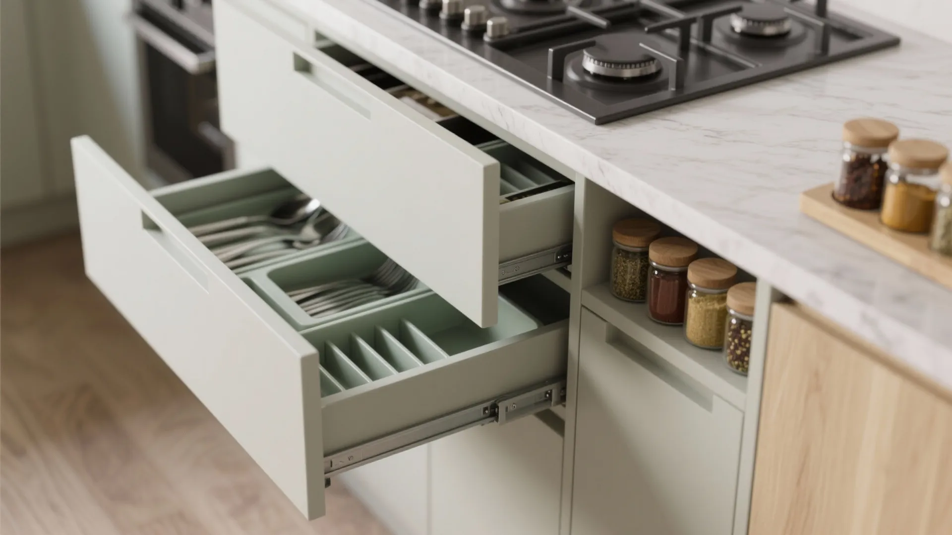 Open kitchen drawer with smart dividers for forks and spoons near several small glass jars