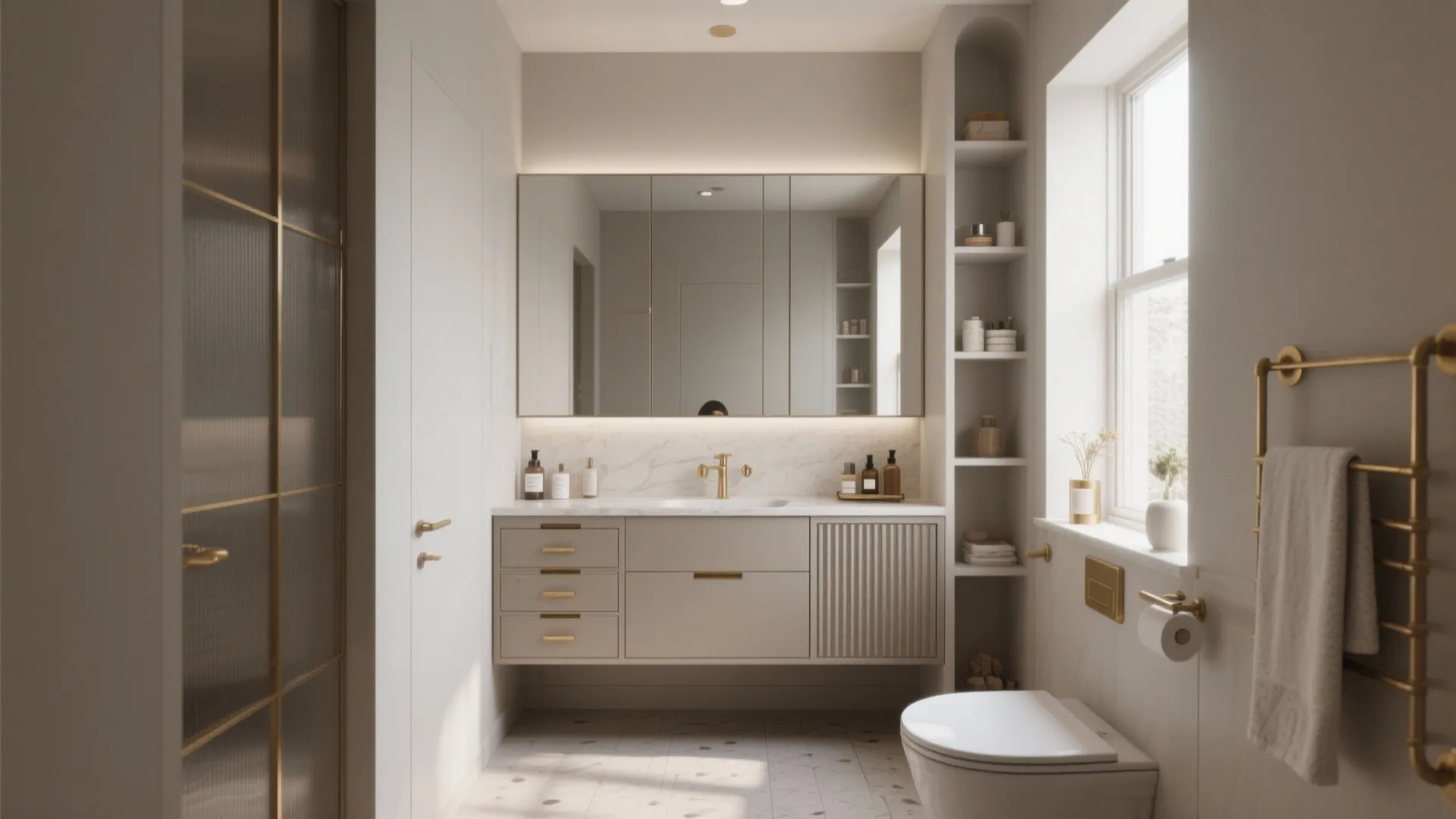 Beige bathroom featuring floating cabinet large mirror built in shelves white toilet and gold fixtures