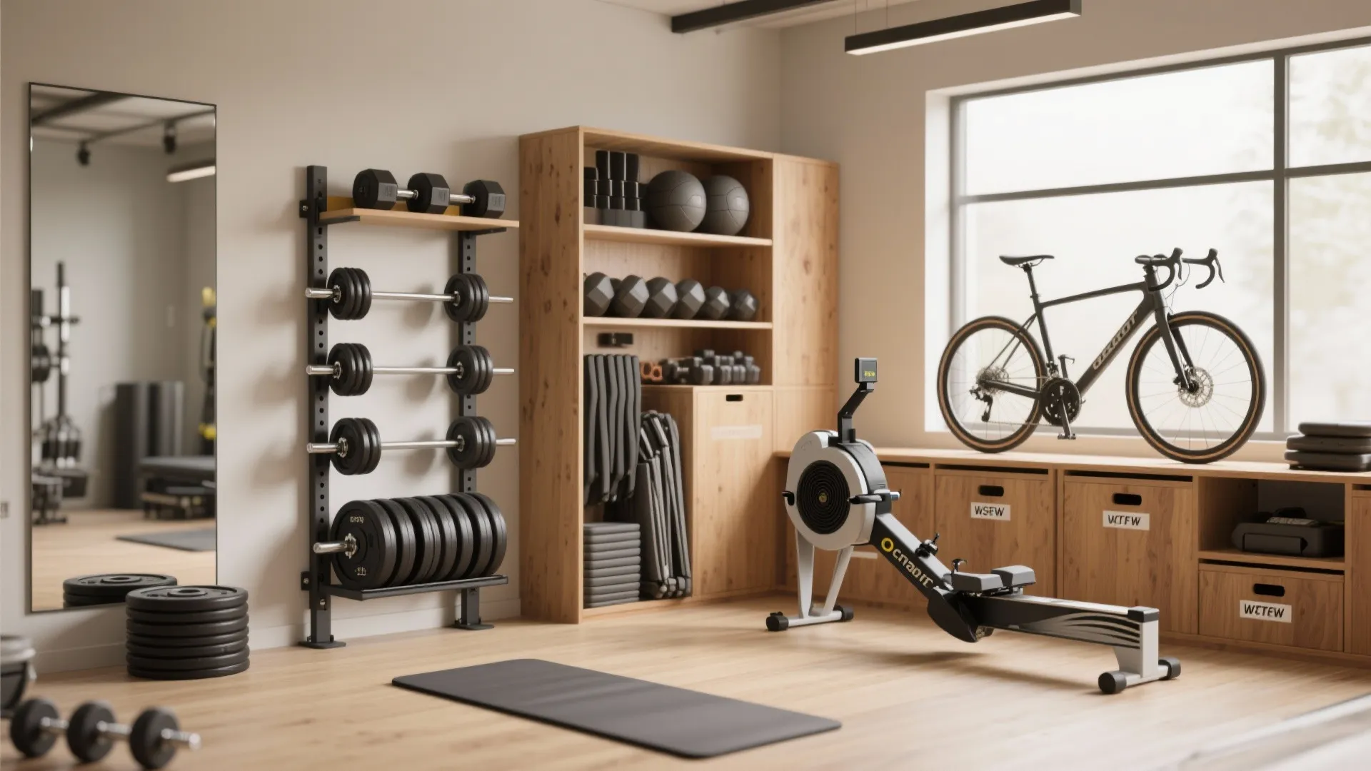 Organized smart storage with adjustable dumbbells, folded mats and stackable plates in a compact gym.