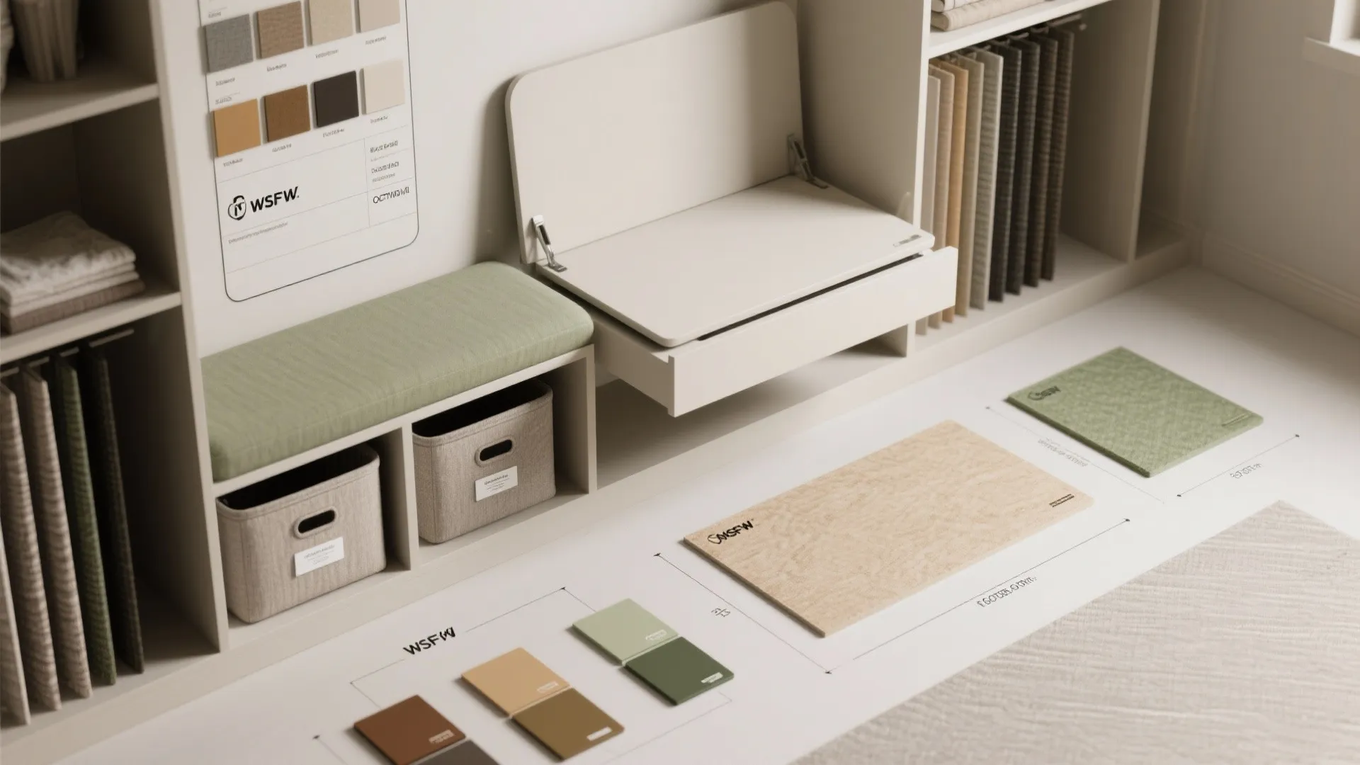 Interior design drawing with green seat cushion storage baskets wall panel samples and small white desk