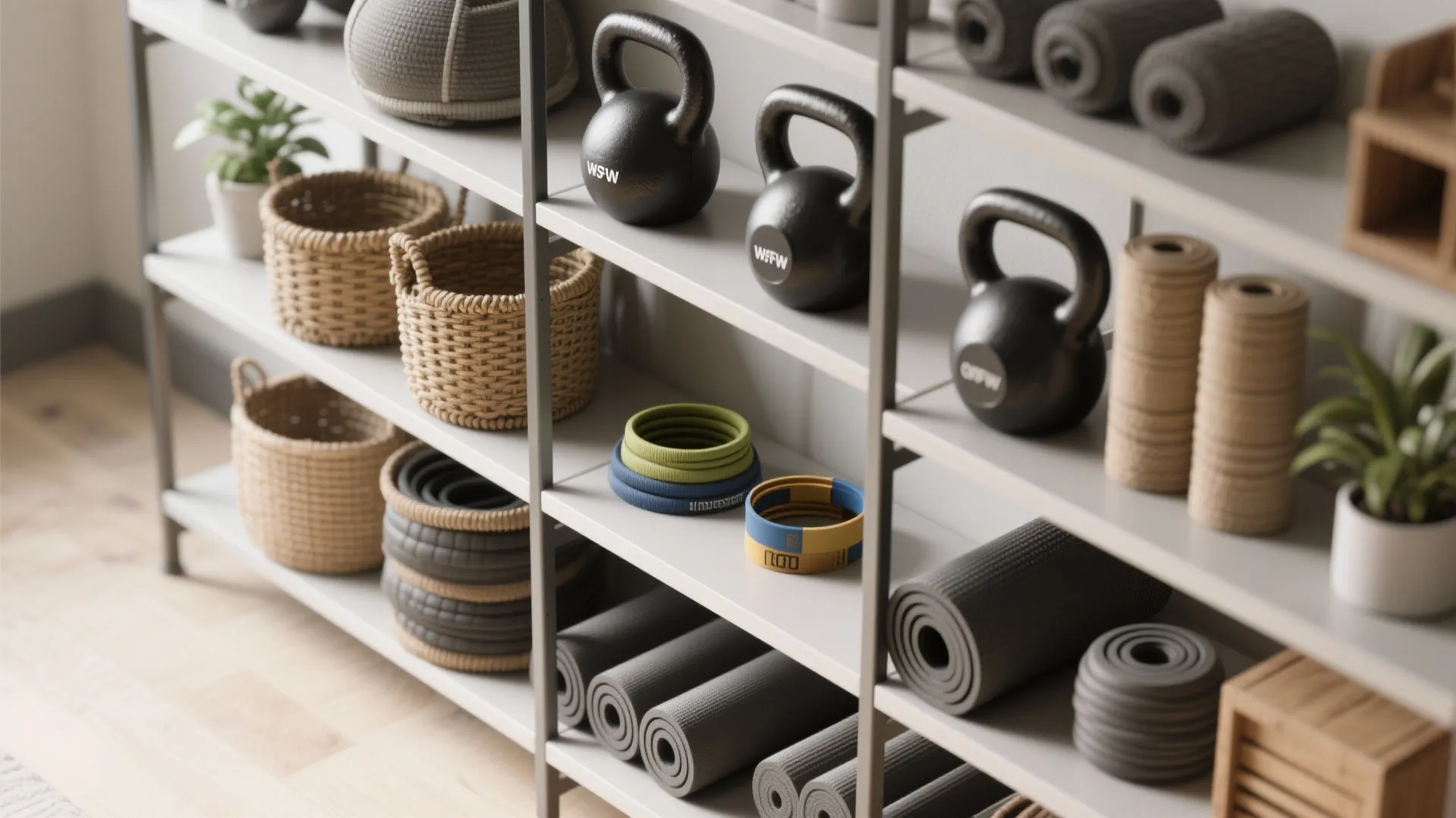 Metal shelving unit organizing gym equipment including black kettlebells woven baskets yoga mats and plants