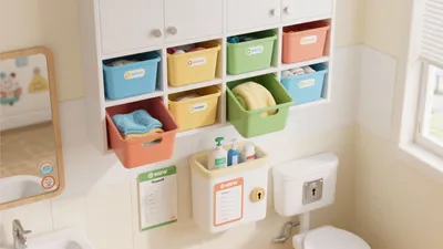 Organized Kids Bathroom with Colorful Storage Solutions