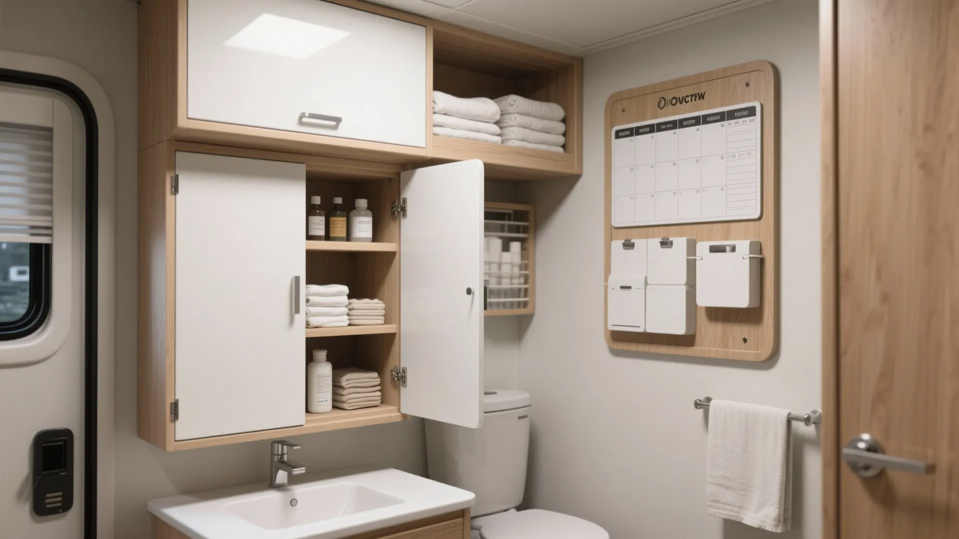 Recessed cabinets, pull-out linen tower and over-door organizer for RV bathroom storage