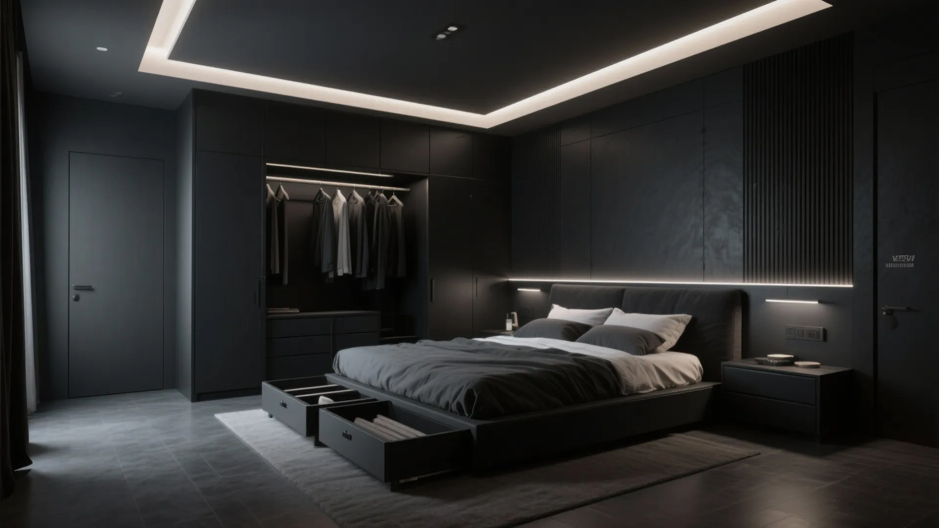 Modern black bedroom featuring a bed with open storage drawers and a large built-in wardrobe