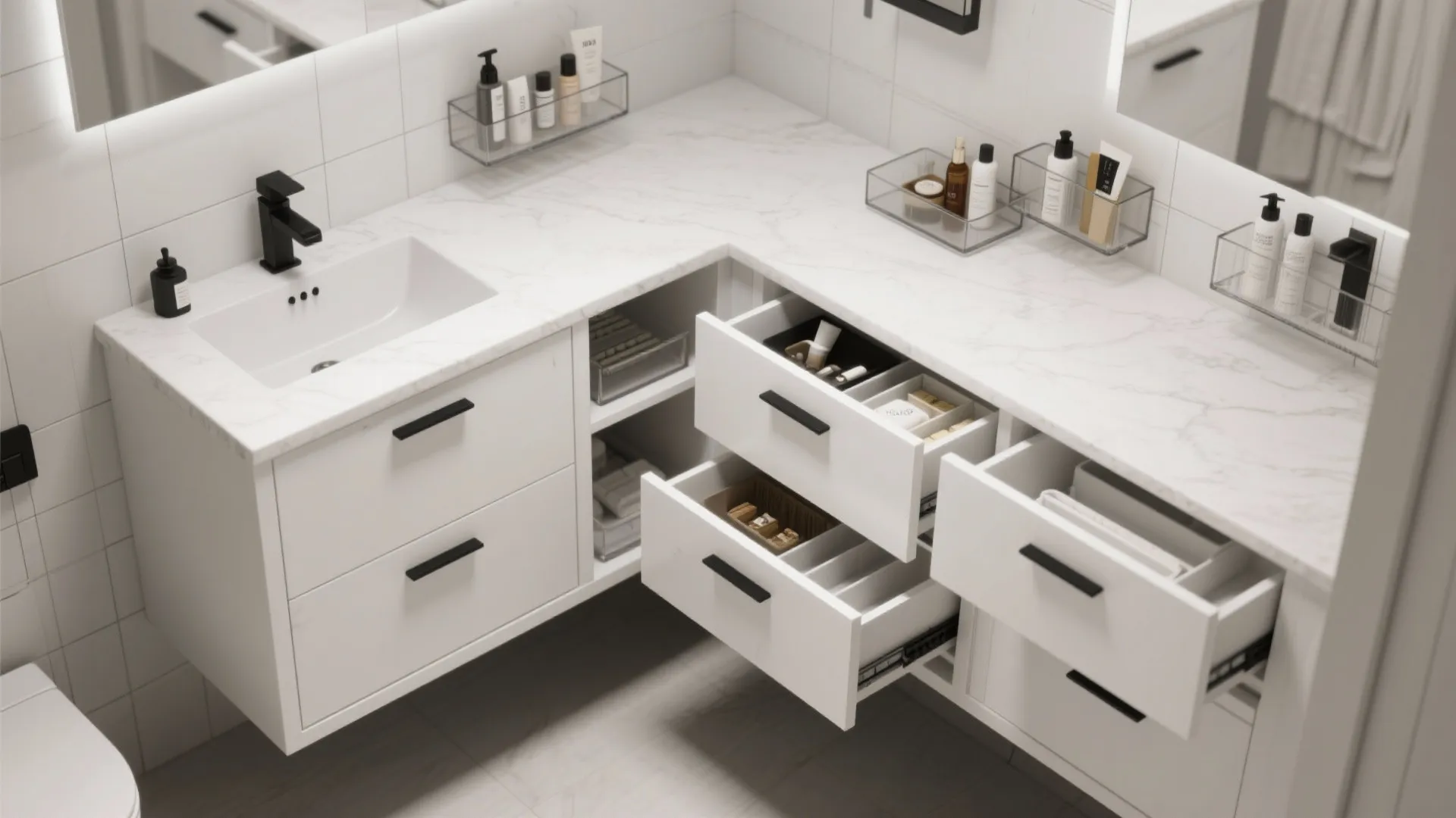 Top-down view of smart pull-out trays and shallow drawers in white cabinets with black pulls.