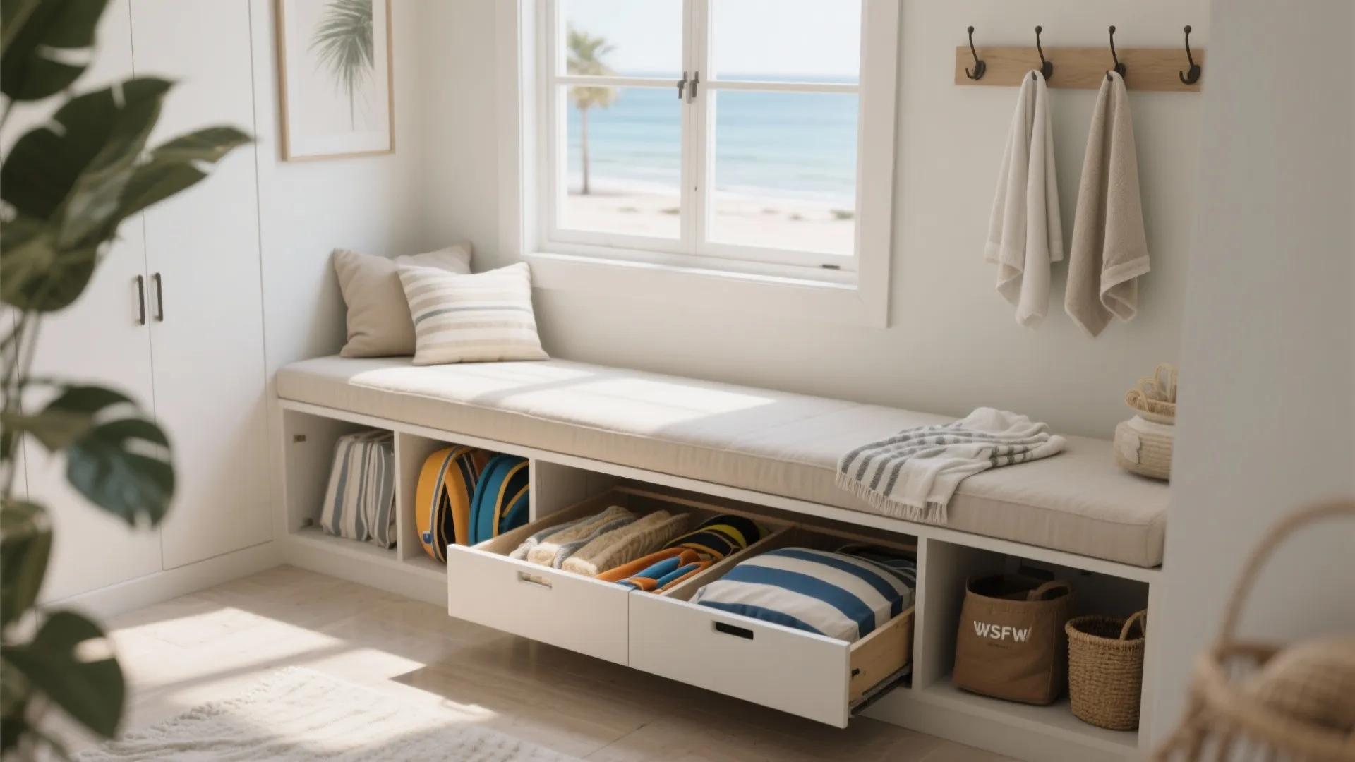 Functional white window seat with open storage drawers, beige cushions, and a sunny beach view