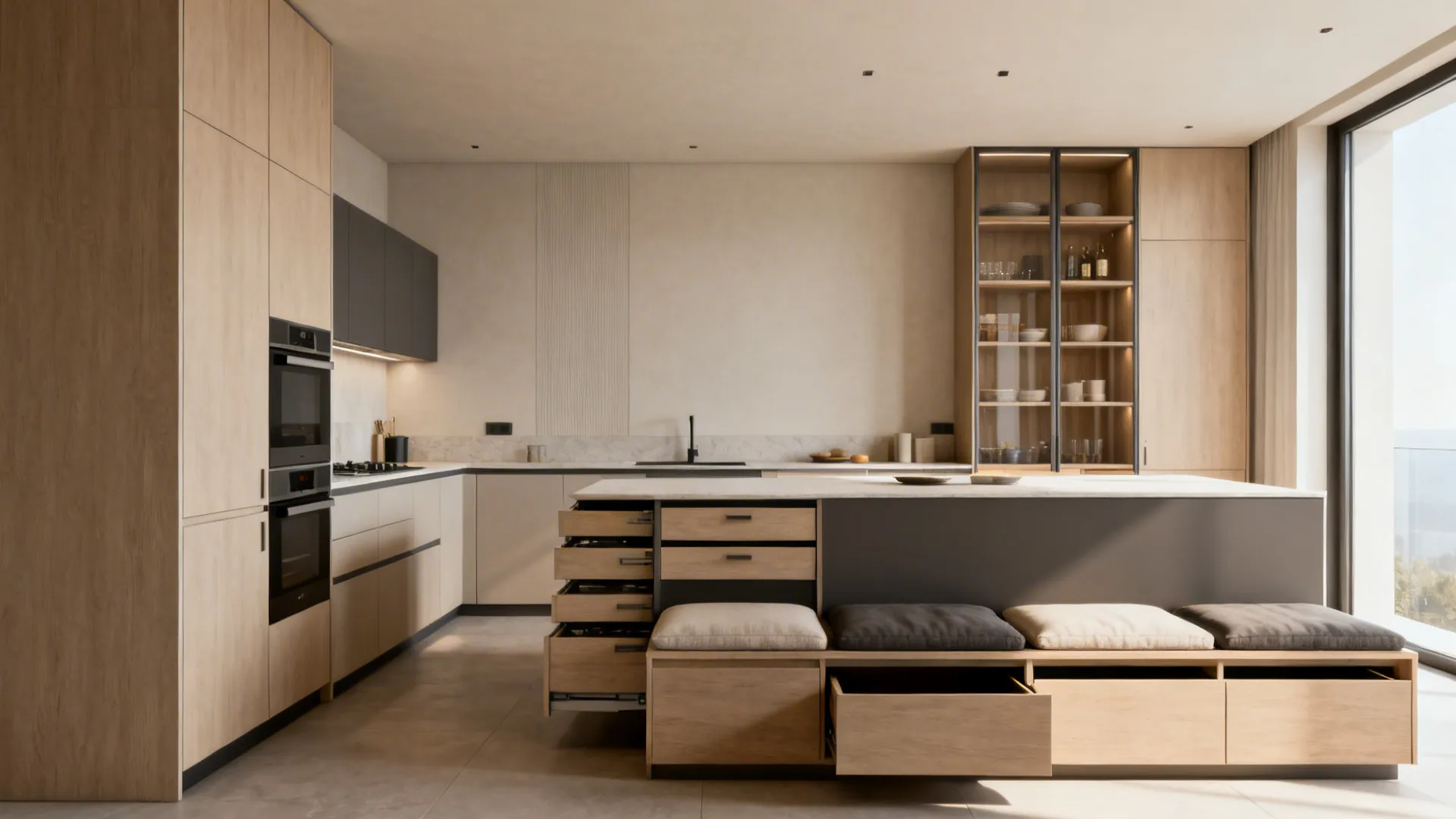 Open-plan kitchen-dining showcasing full-height cabinets, deep drawers and bench seating with hidden storage.