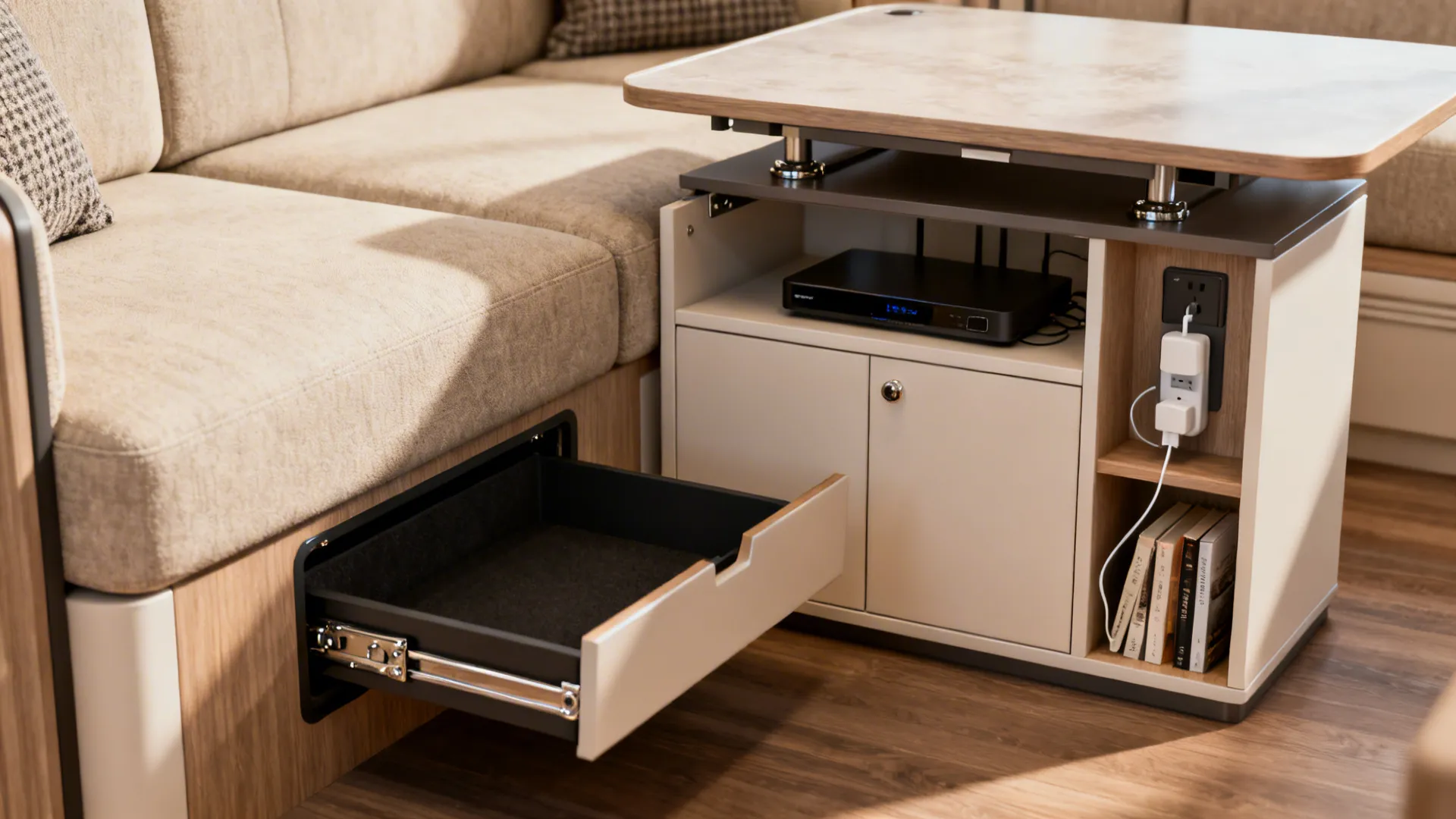 Smart storage solutions like under-seat sofa storage and lift-top coffee table in a small room.