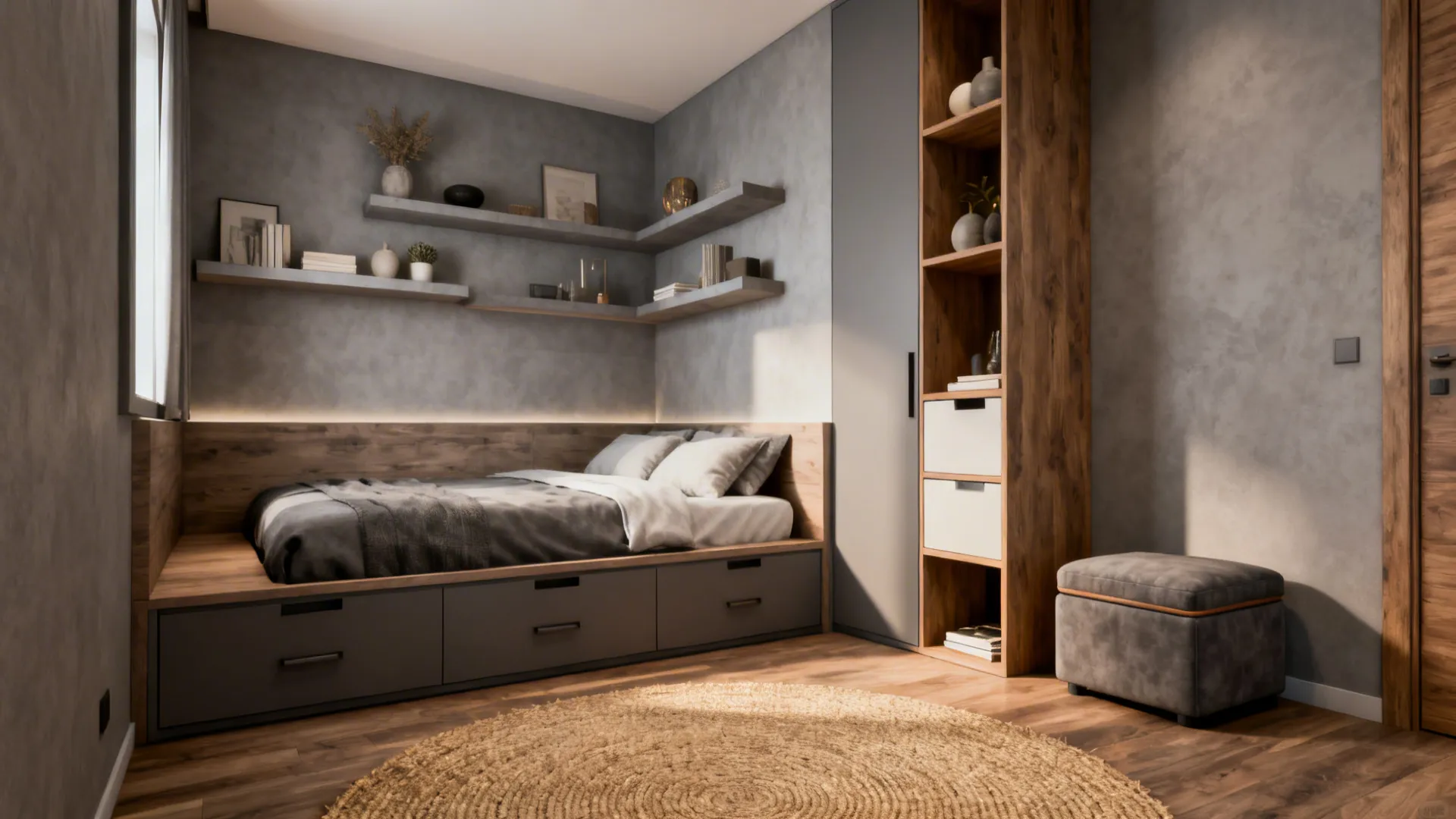 Compact bedroom with built-in drawers, floating shelves, ottoman and vertical storage for a tidy look.