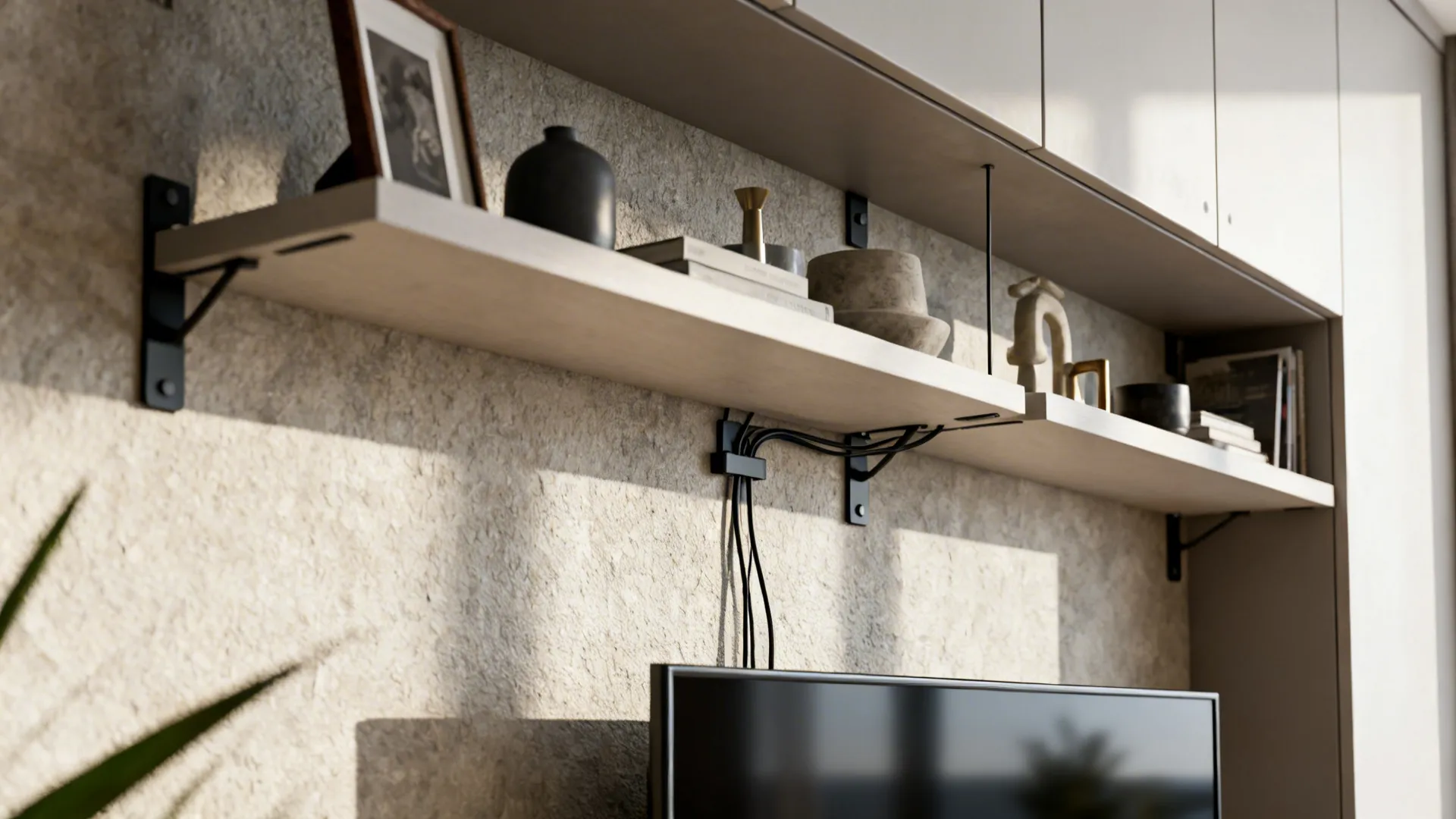 Floating shelves above TV with curated decor and concealed cables for a tidy focal wall