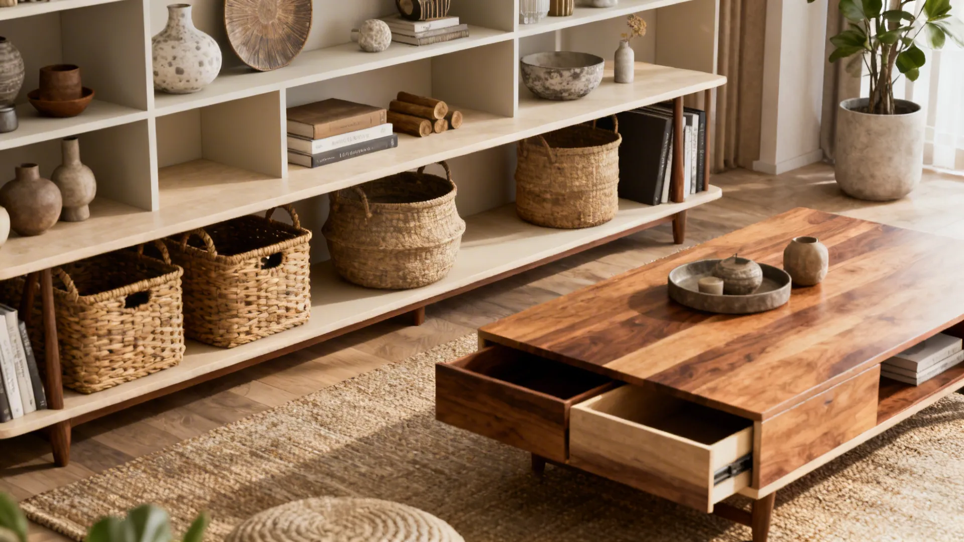 Large white bookshelf with woven baskets and wooden coffee table with open drawers on rug