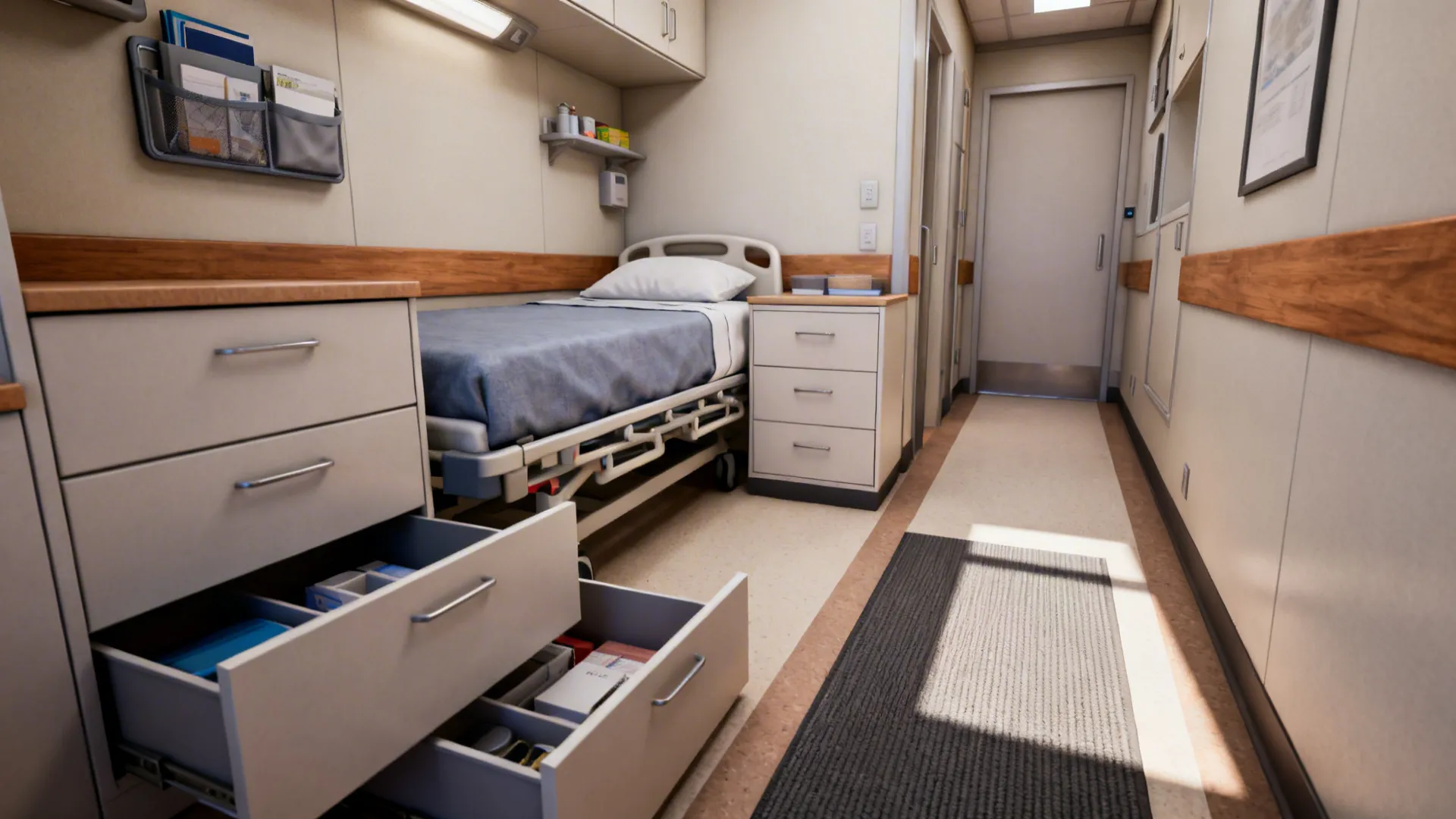 Nursing room with under-bed drawers, wall-mounted organizers, and clear walking path.