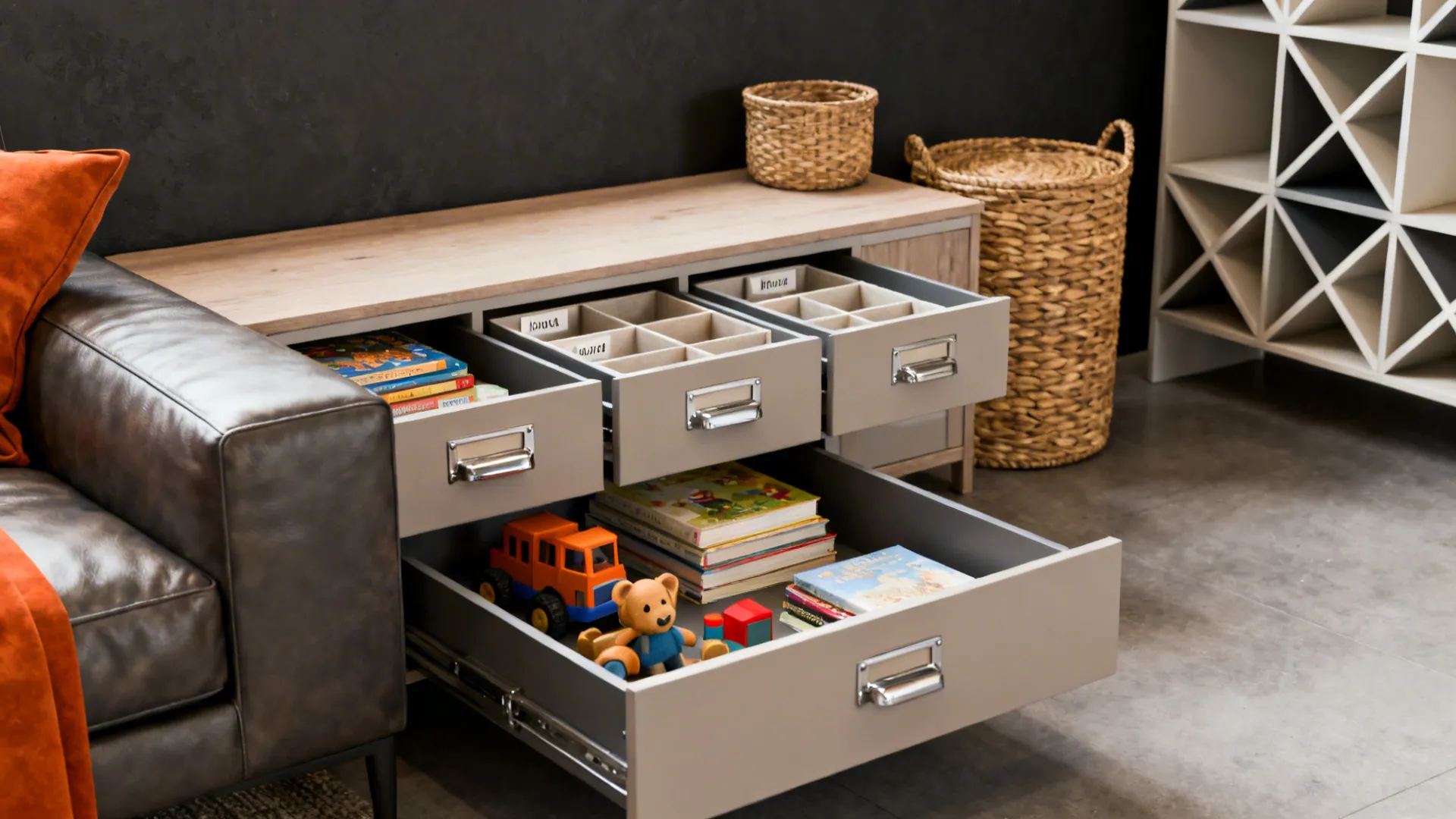 Multipurpose sofa with hidden drawers and organized storage solutions in a dark-themed living room.