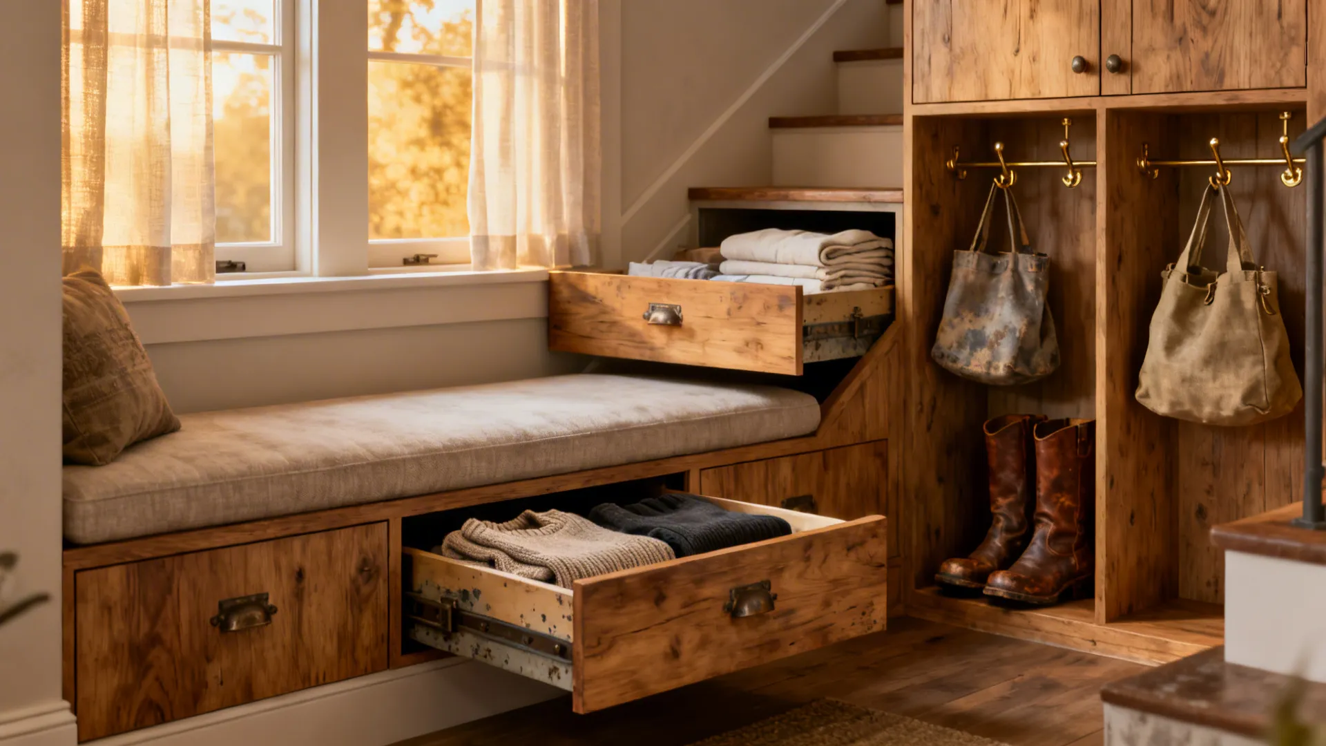 Built-in storage examples: window bench compartments, under-stair drawers and mudroom cubbies in a mountain home.