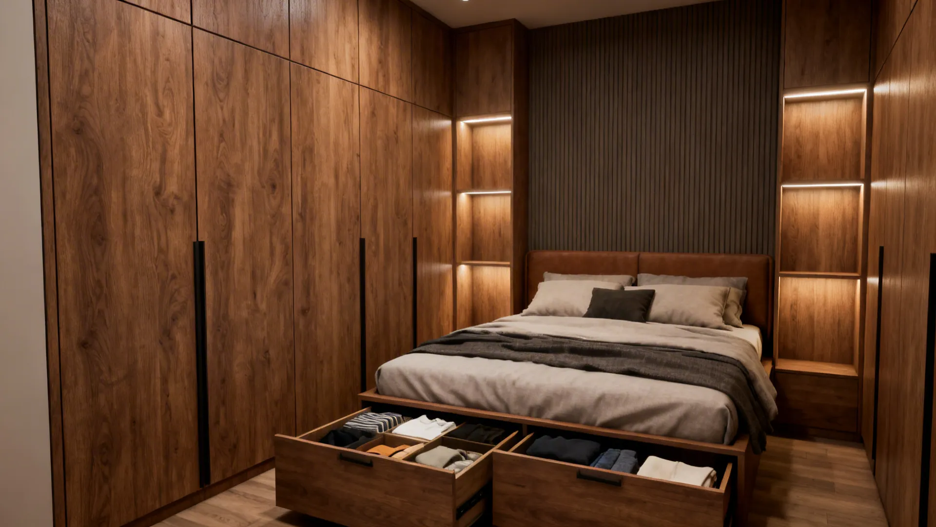 Built-in vertical wardrobe surrounding a bed headboard with under-bed drawers and LED niches.