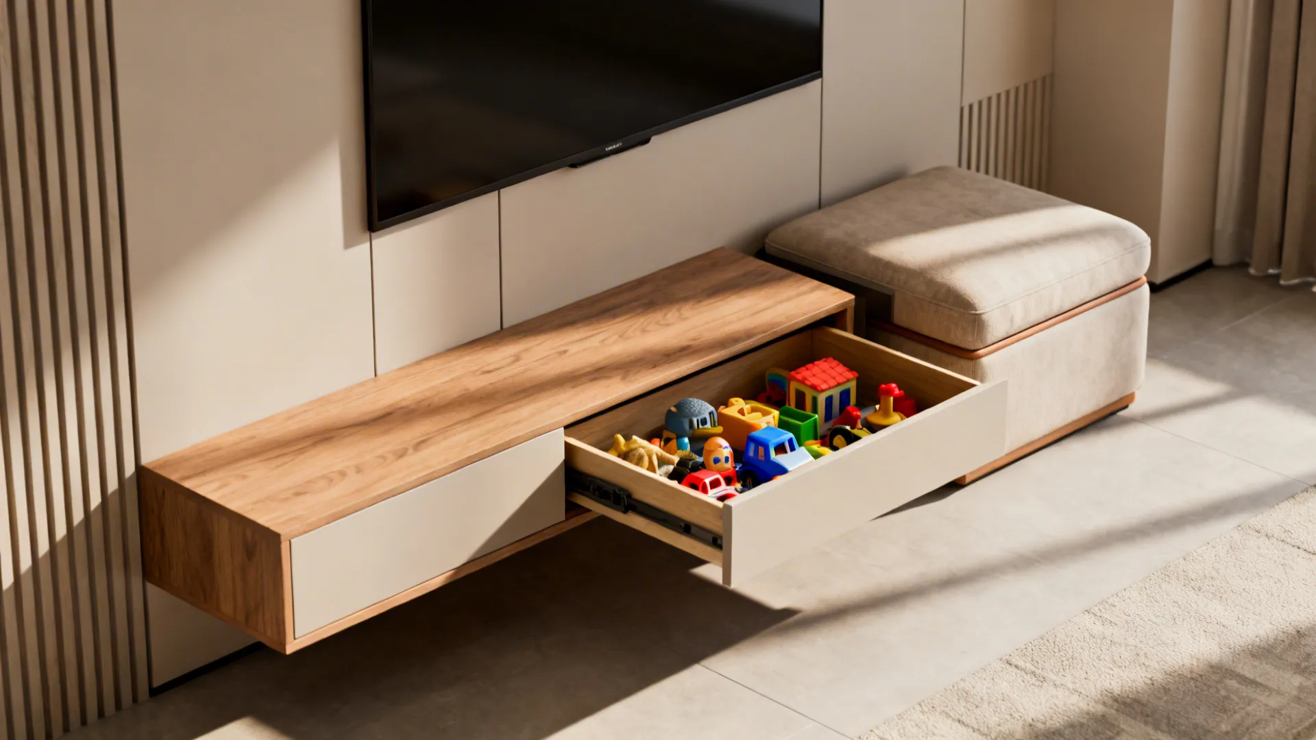 Floating media unit and storage ottoman open to show concealed storage solutions in a modern living room