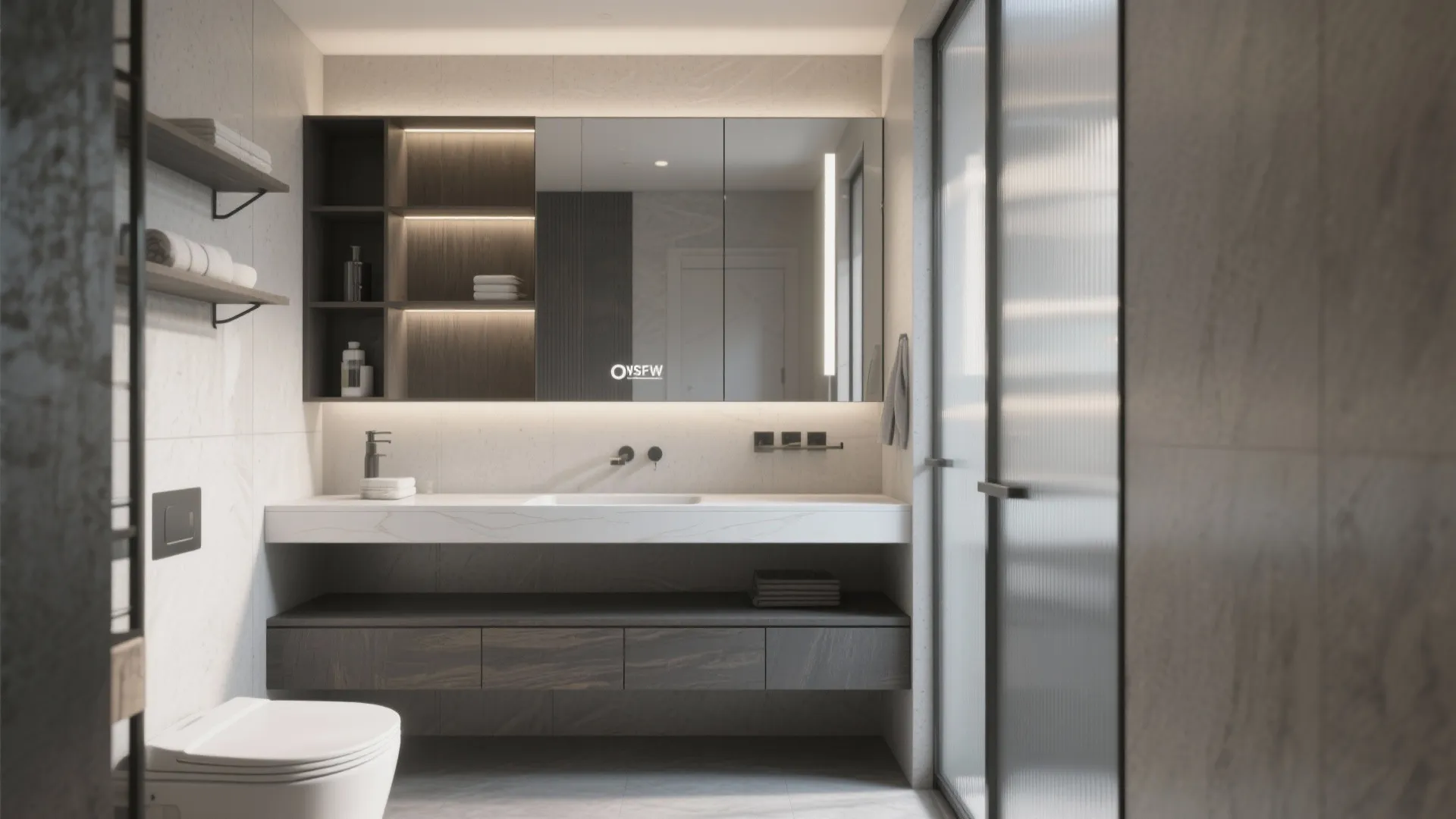 Modern bathroom with dark wood cabinet white marble counter large lighted mirror and floating toilet