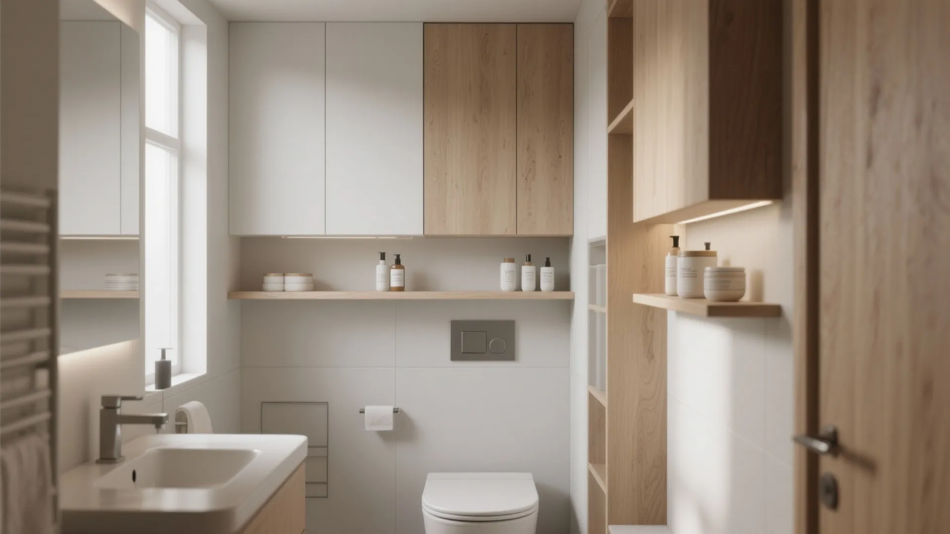 Compact bathroom featuring raised storage, recessed cabinet, and sealed containers to reduce clutter