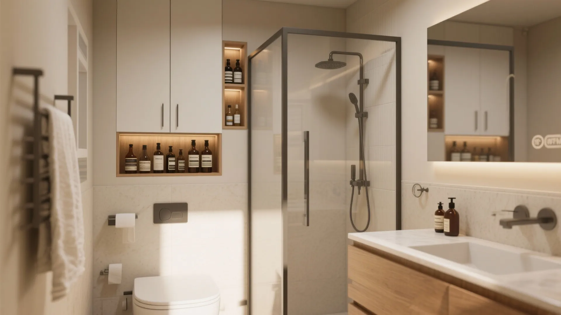 Modern bathroom with glass shower cabin white toilet wooden vanity and smart wall storage shelving