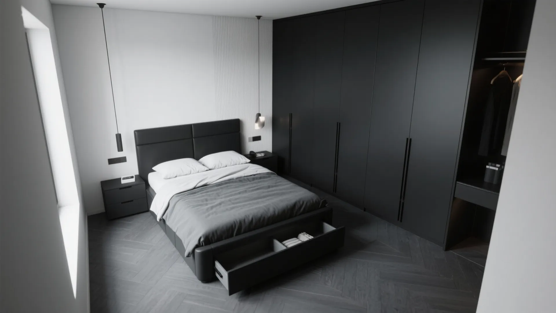 Minimalist bedroom with a large black cabinet and a bed featuring a pull-out storage drawer